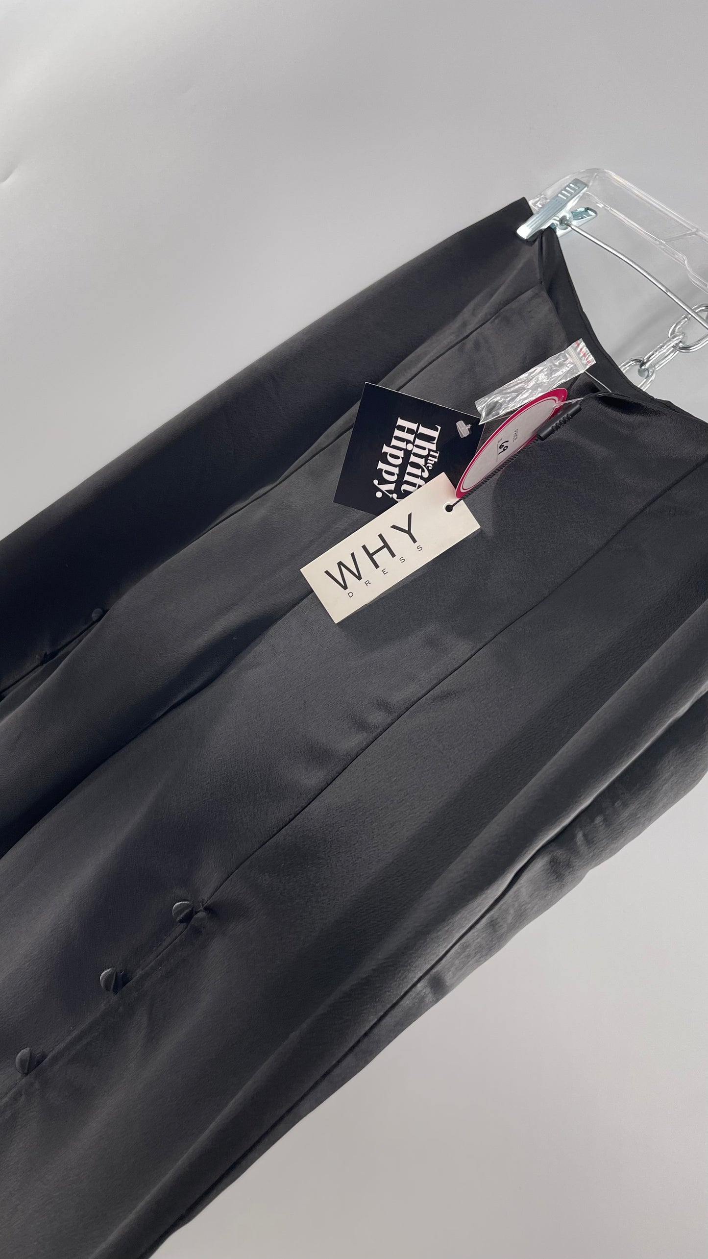WHY Sultry Steps Black Satin Wide Leg Trouser with Vertical Strip of Satin Buttons (Medium)