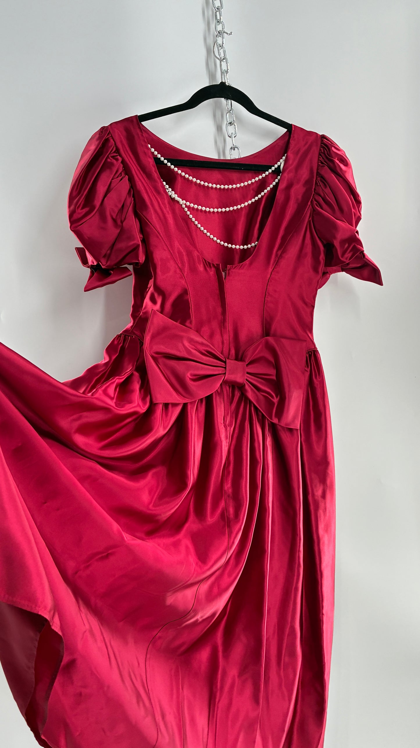 Vintage Red Silky Satin Corset Style Dress with Sweetheart Neckline, Puff Sleeves, Oversized Bow Bum, Open Back and Draping Pearls (10P)