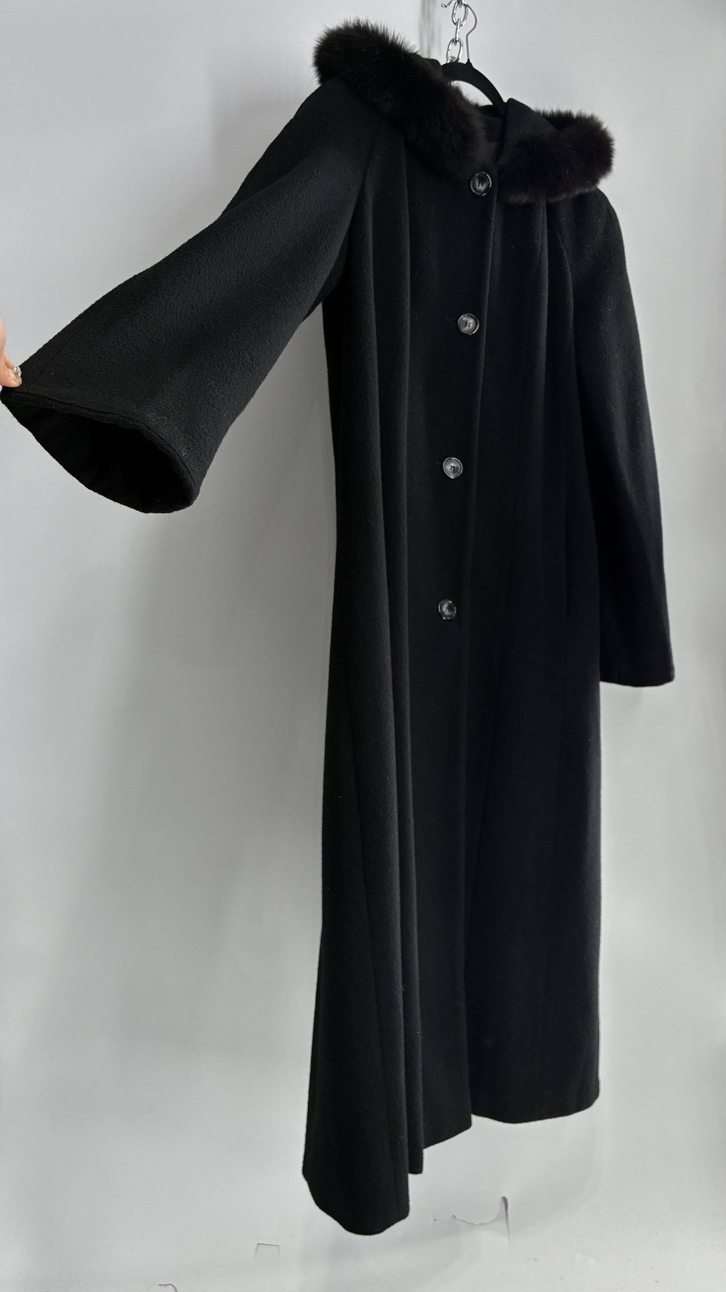 Vintage ANDREA COLLECTION Black Wool Blend Full Length Coat with Fur Trim Hood (12)