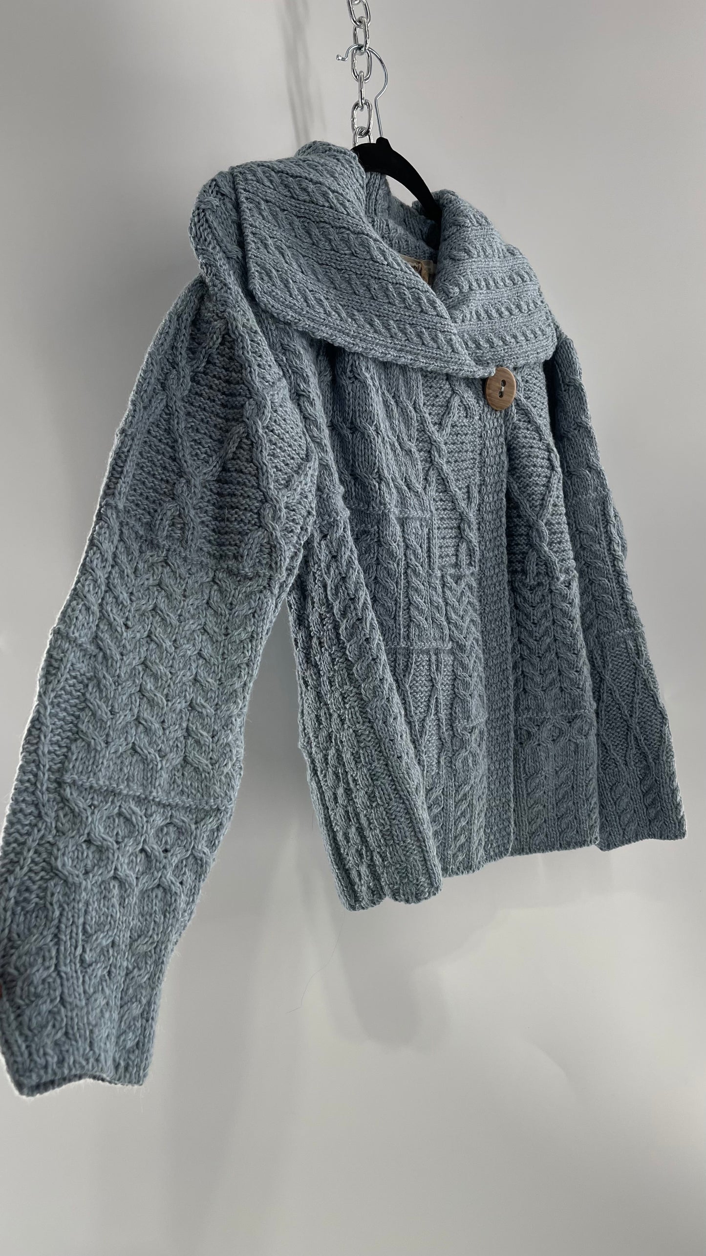 Authentic Irish Aran Sweater Market Slate Blue Aran Stitch Sweater with Oversized Wooden Button Detail and Certificate of Authenticity (Small)