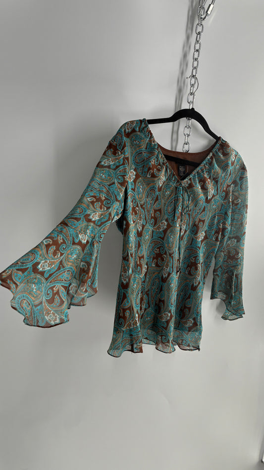 Vintage ANNE CARSON 100% Silk Brown and Turquoise Quarter Bell Sleeve Blouse (Small)
