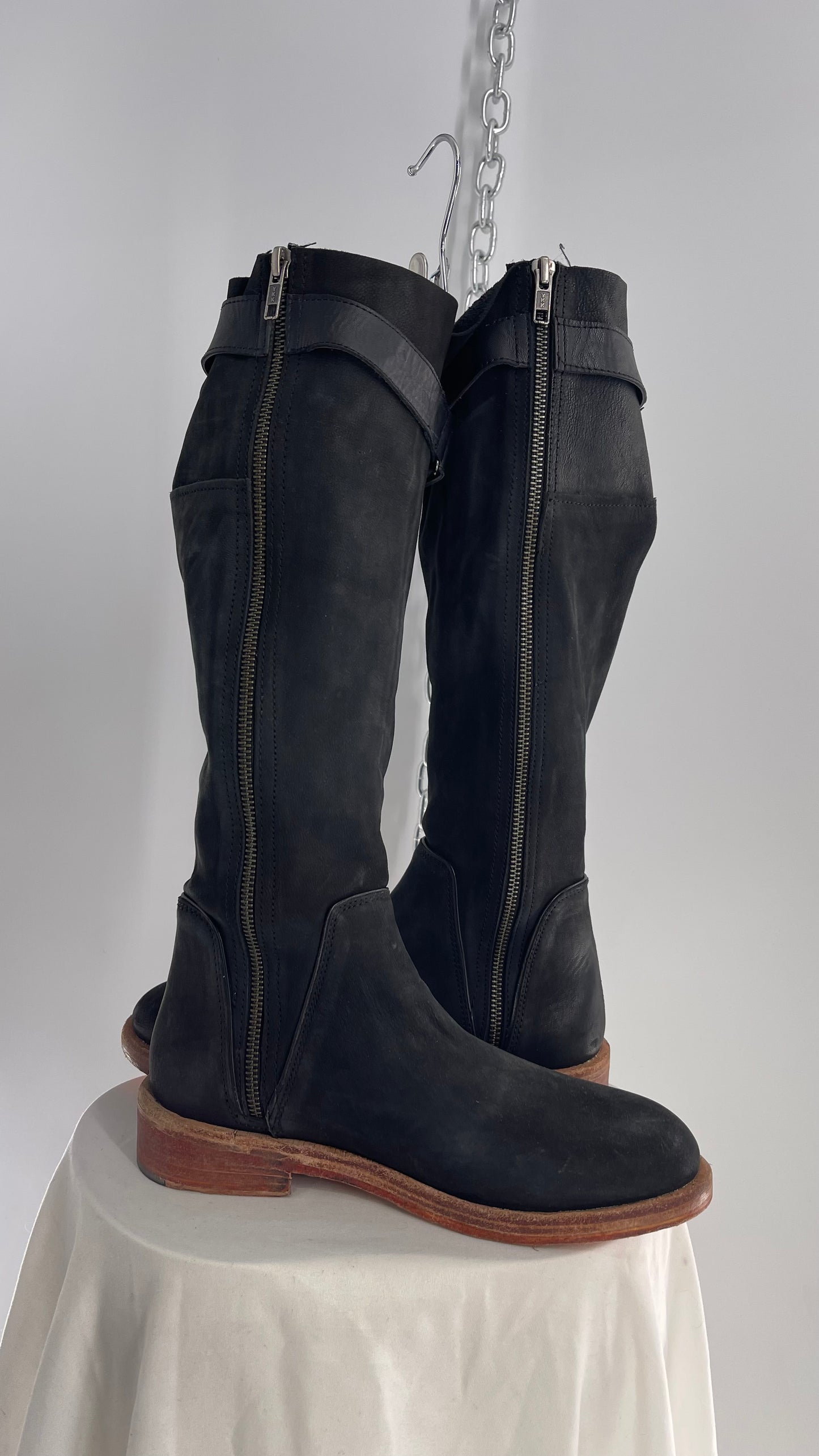 Free People Sayre Banks Slouchy Black Suede Leather Knee High Tassel Side Buckle Boot (38)