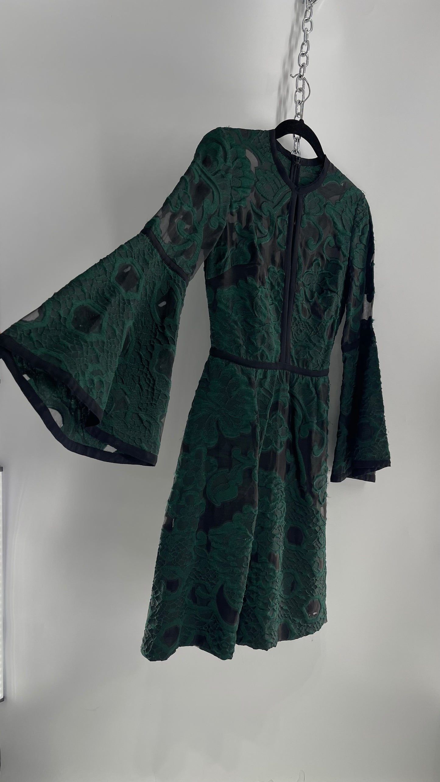 Vintage Ellie Saab Forest Green Lace Dress with Bell Sleeves (36)