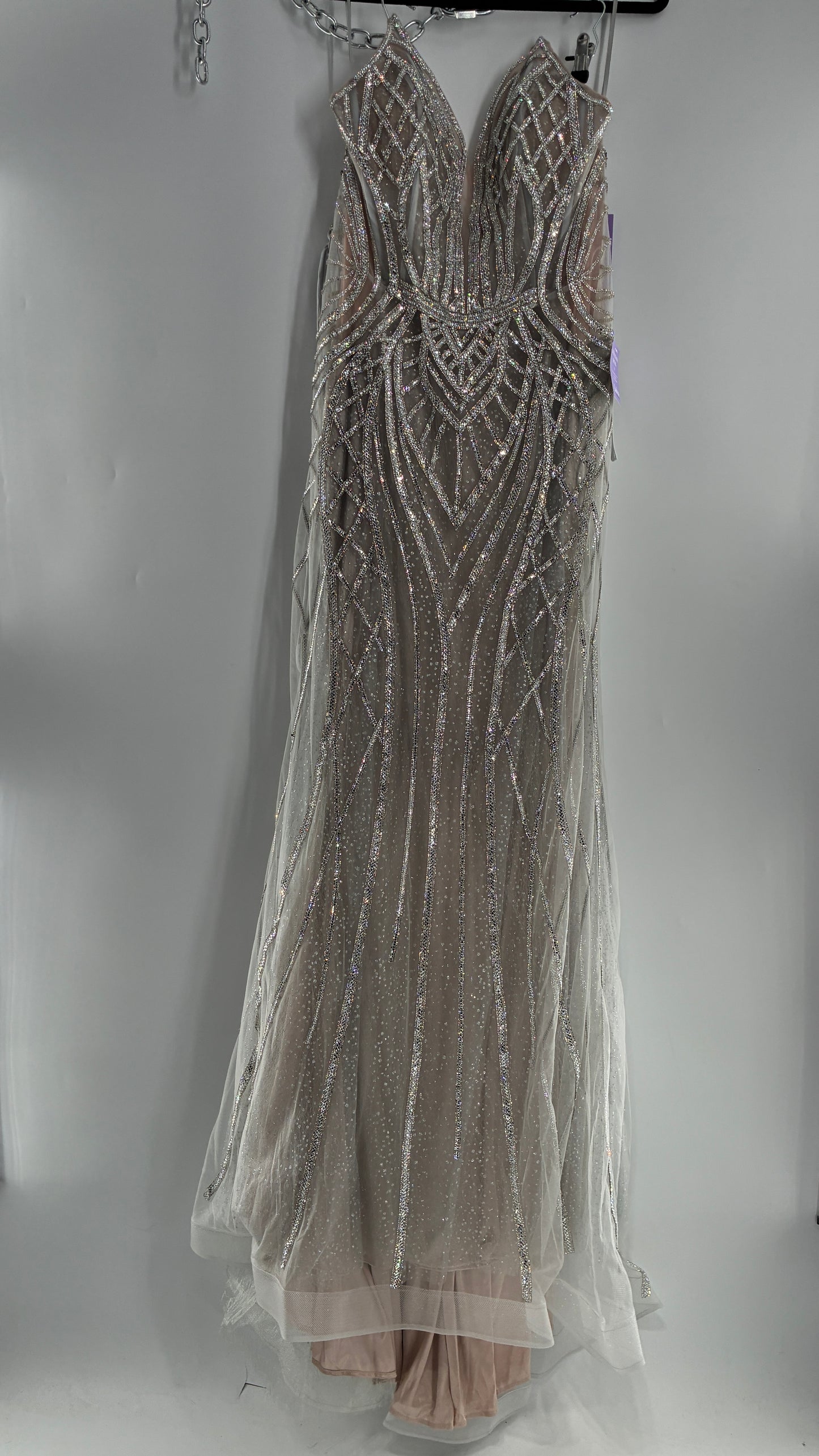 NWT LADIVINE by Cinderella Divine Silver Nude CC6018 Mermaid Corseted Gown with Multiple Layers of Tulle, Covered in Crystal Strips (16)