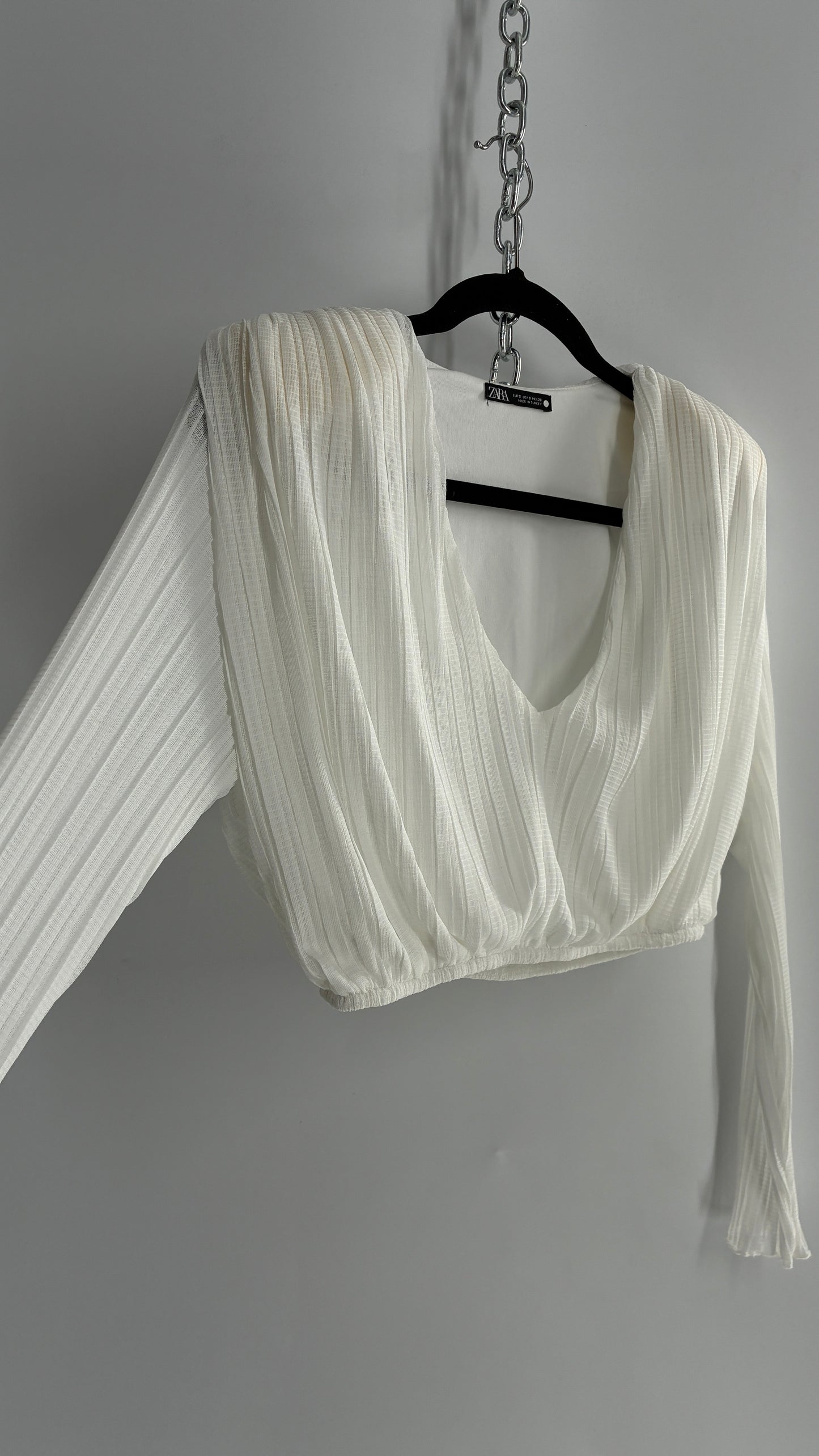 ZARA White Pleated and Draped Long Sleeve Blouse with Shoulder Pads (S)