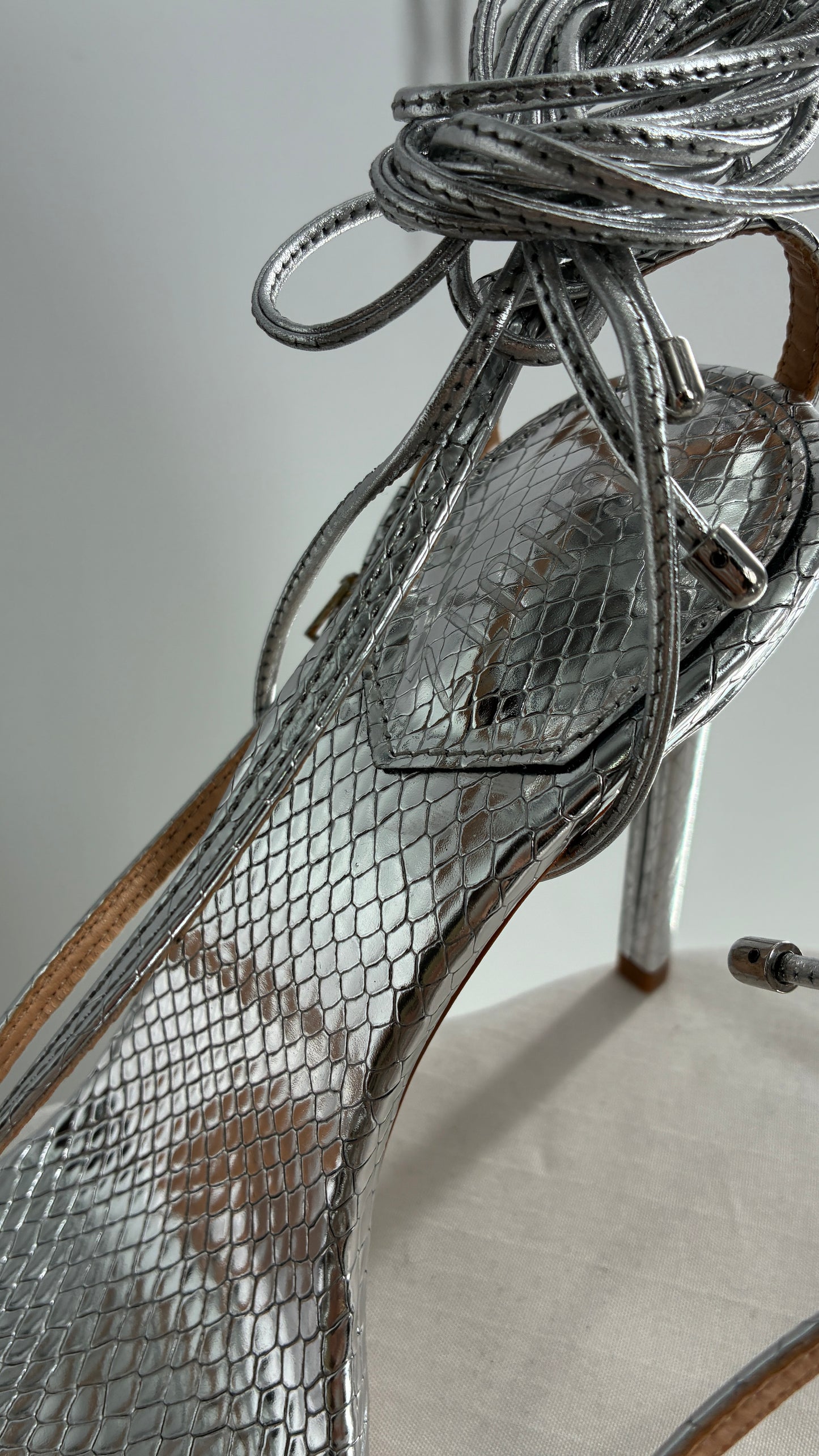 SCHÜTZ Silver Angular Tie Up Heels with Mirror Toe Detail (7)