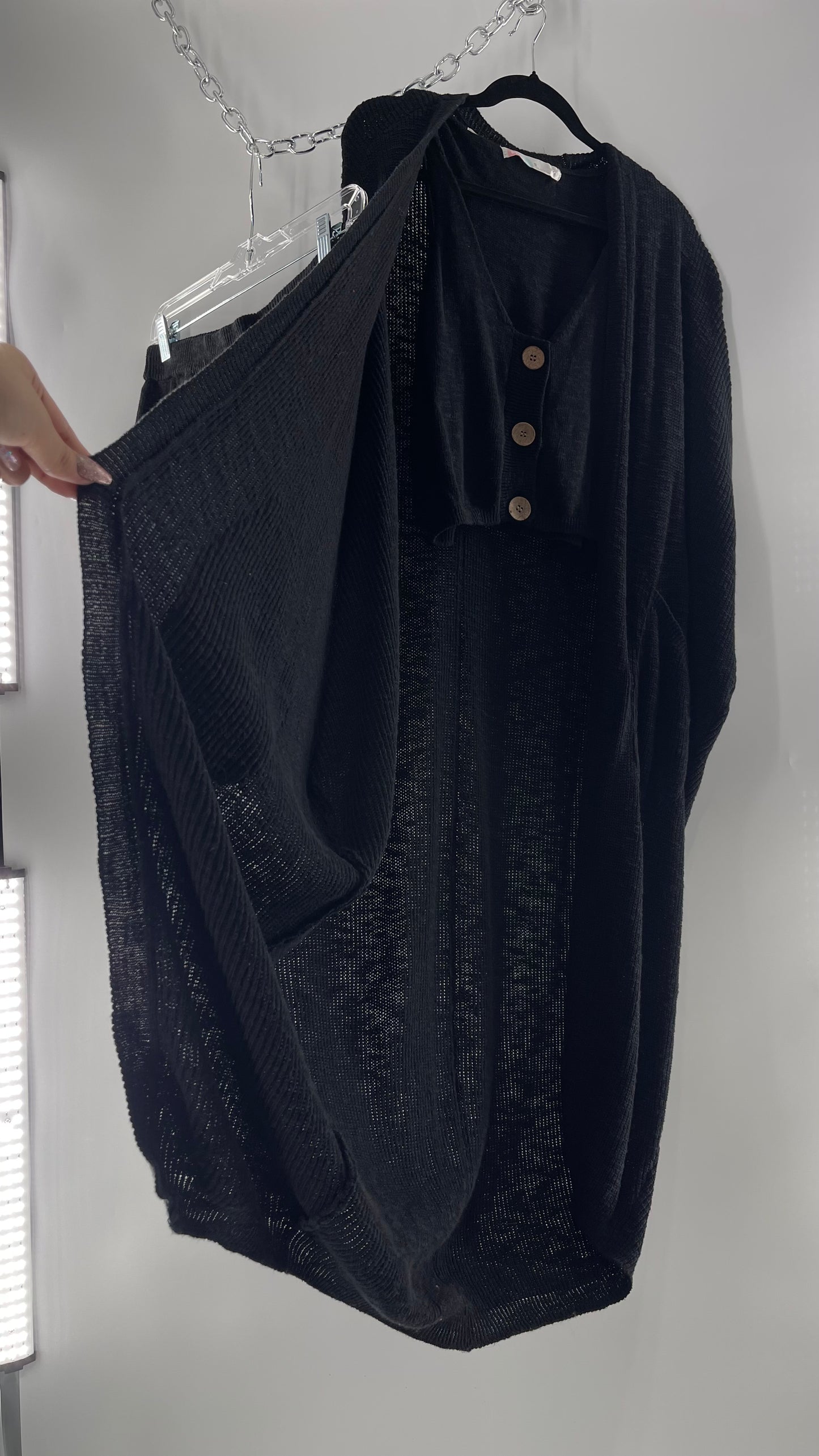 Free People Kai 3 piece Black Knit Cardigan, Tank, Shorts Set with Extra Button Never Worn (Medium)