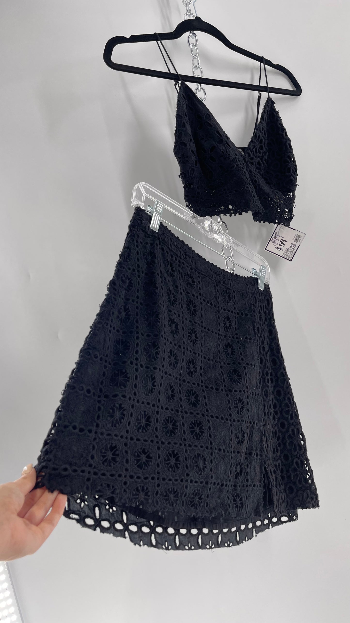 Free People Black Eyelet Lace Mini Skirt and Bustier Set (6)