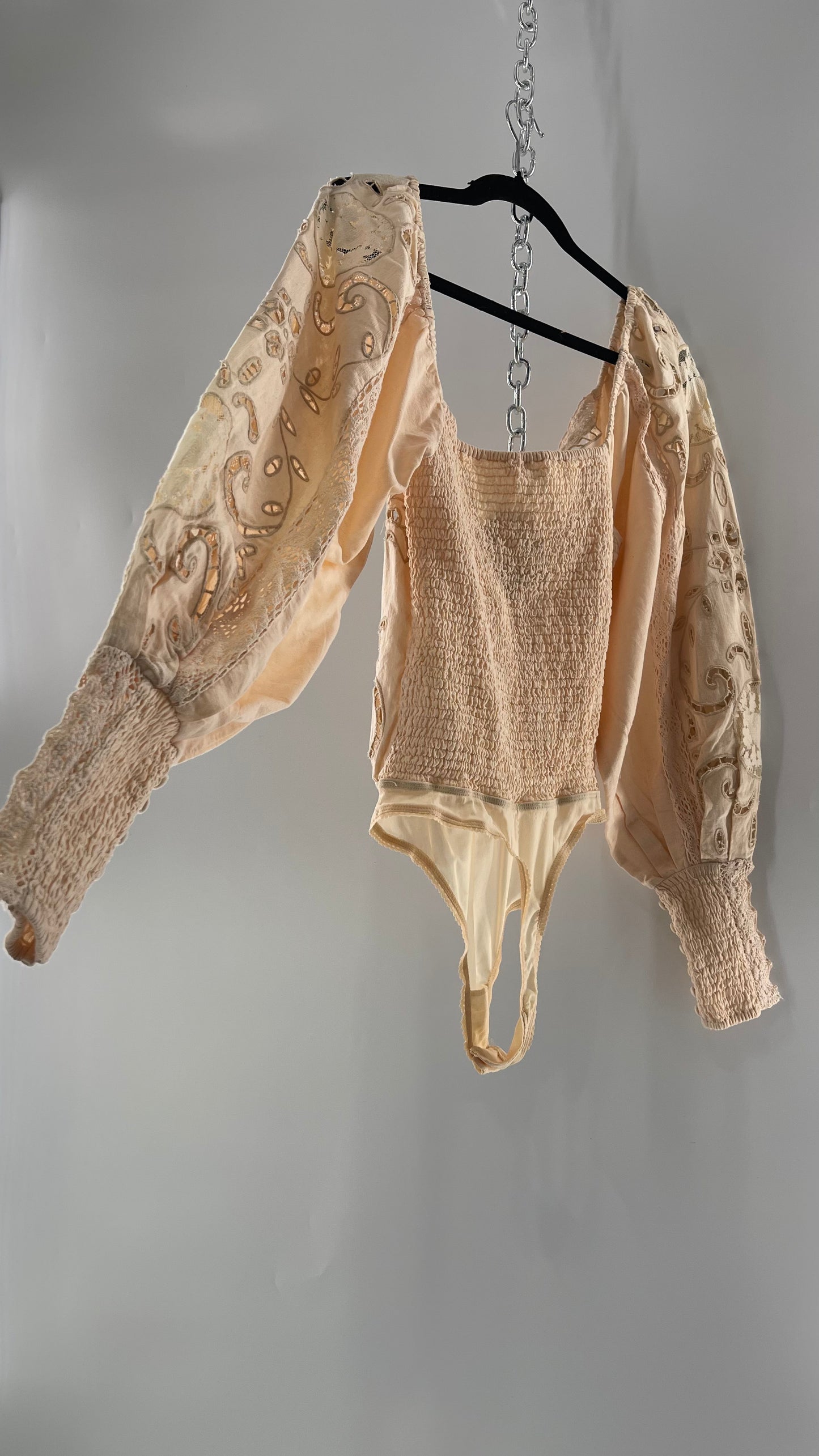 Free People Off White Cotton Bodysuit with Embroidered Lace Balloon Bishop Sleeve and Smocked, Buttoned Cuffs (Large)