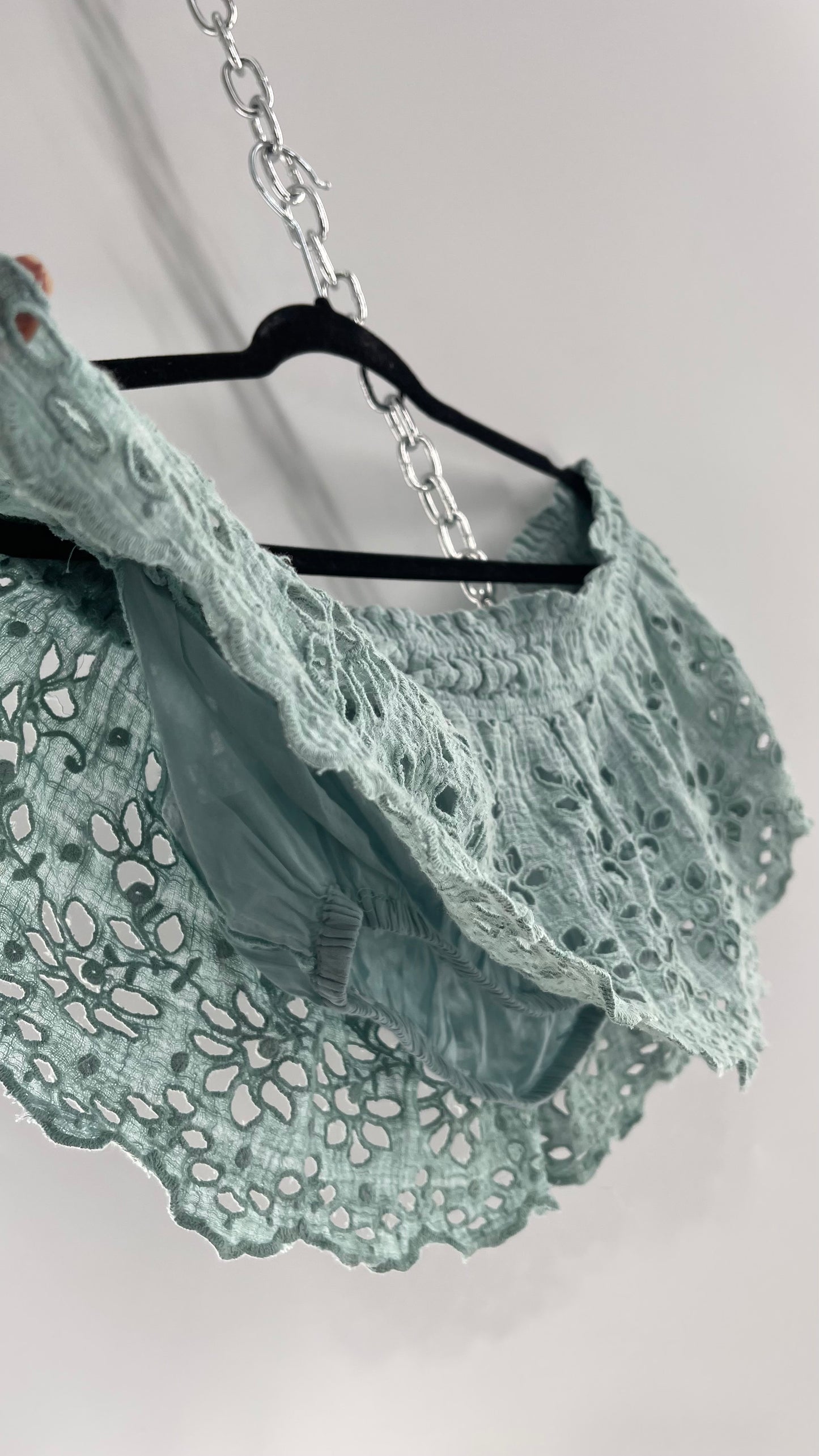 Free People Eyelet Cotton Teal Blue Off the Shoulder Ruffle Bandeau (Medium)
