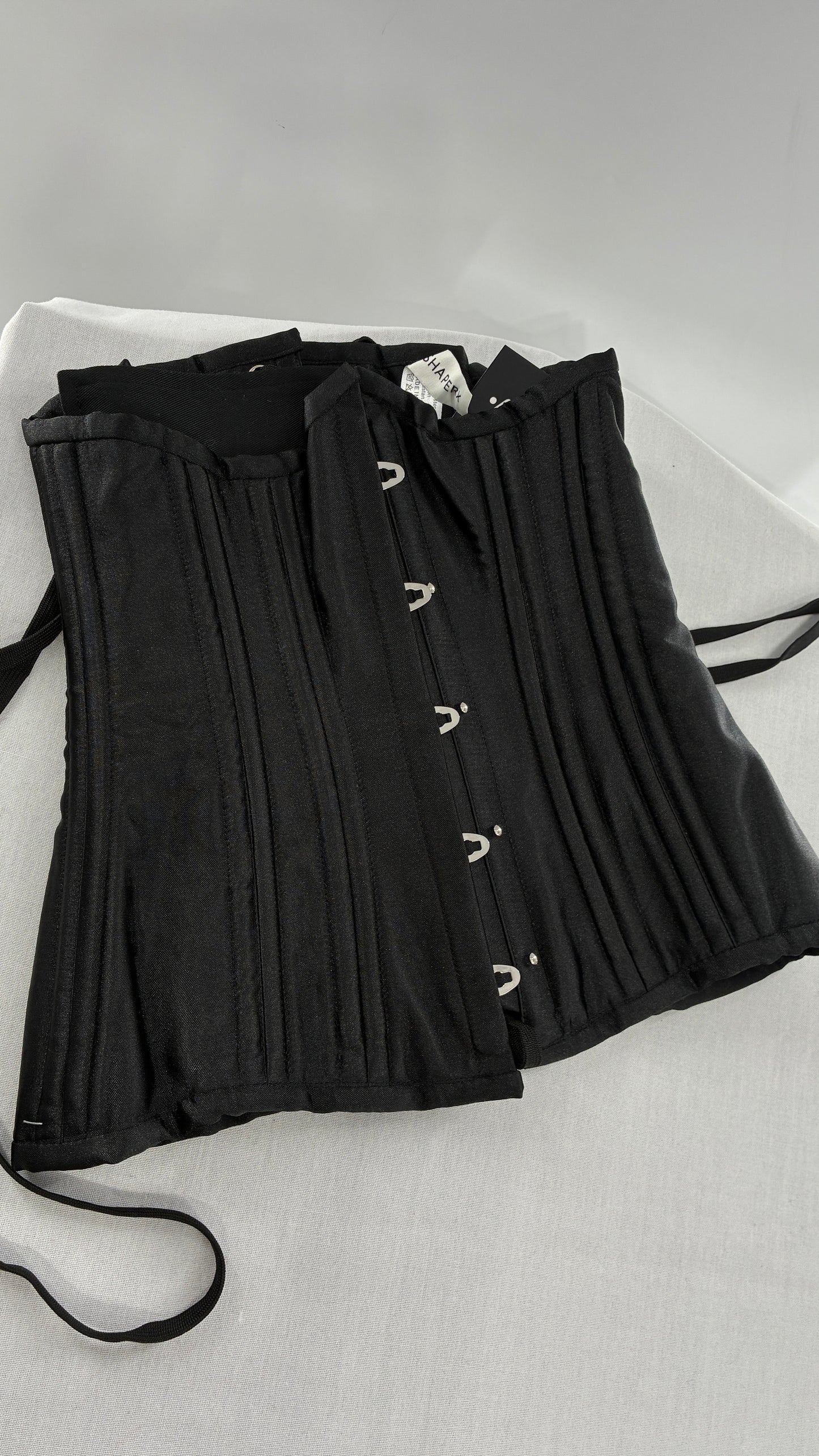 Vintage SHAPERX Black Satin Heavy Duty Ribbed Corset (XS)
