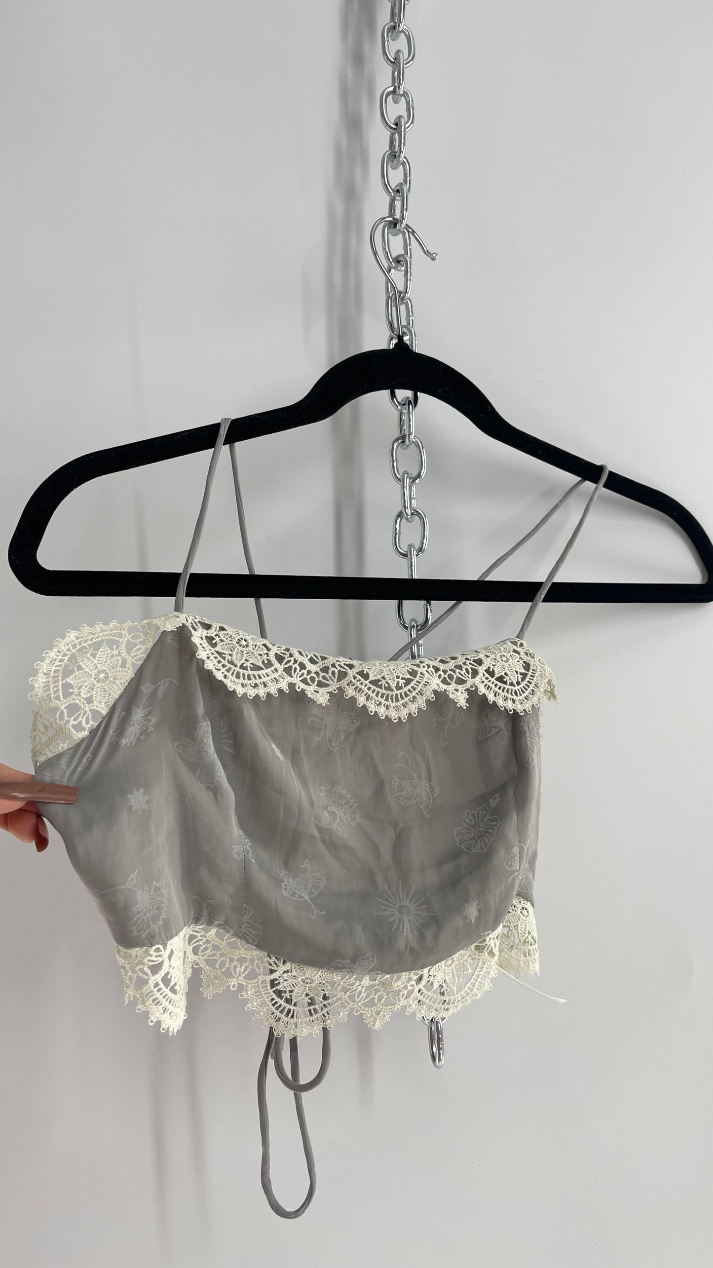 Intimately Free People Grey Silky Bustier with Tattoo Pattern and White Lace Trim (XS)