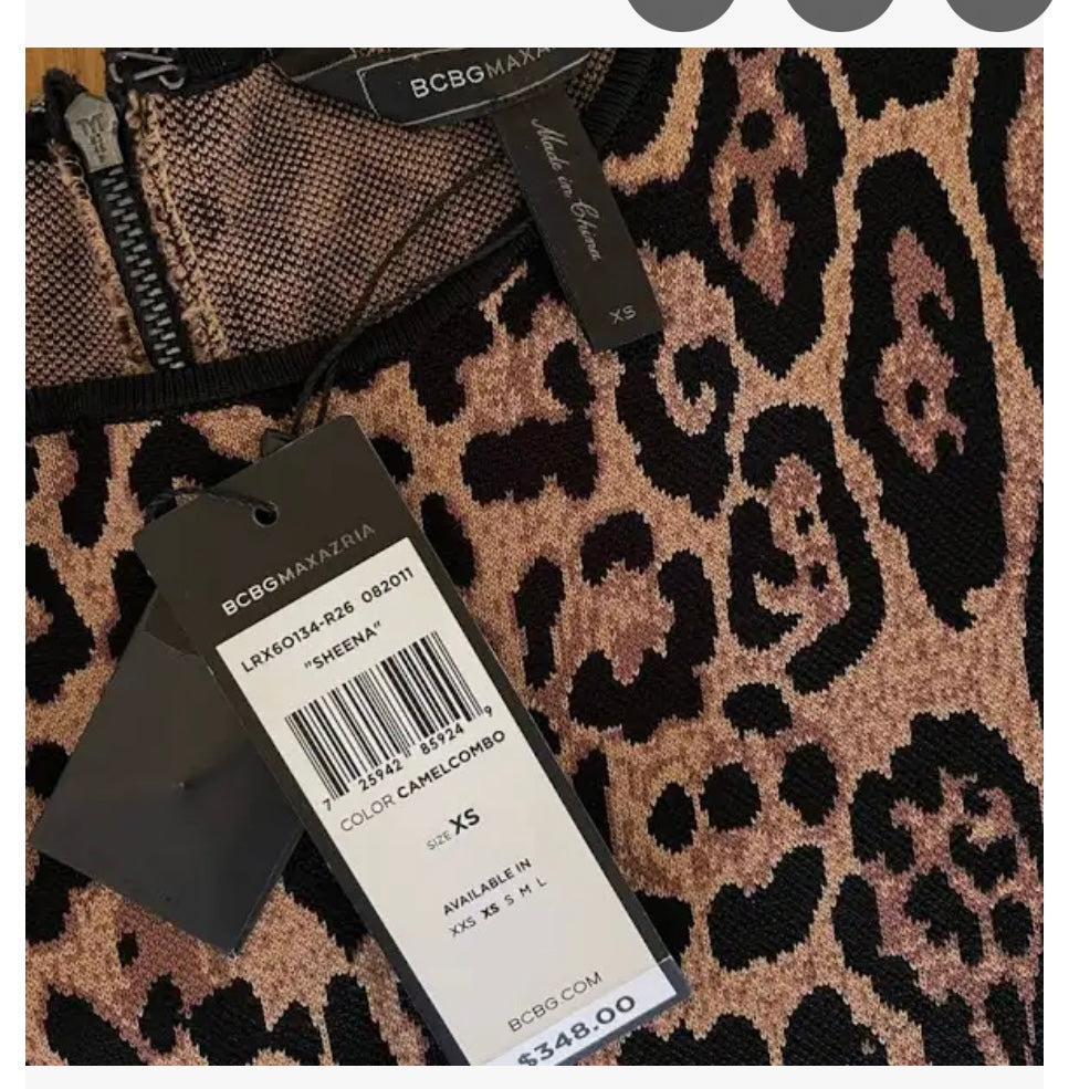 Vintage BCBG MAXAZRIA Sheena Ultra Thick Knit, Compression Leopard/Cheetah Printed Mini Dress (XS)