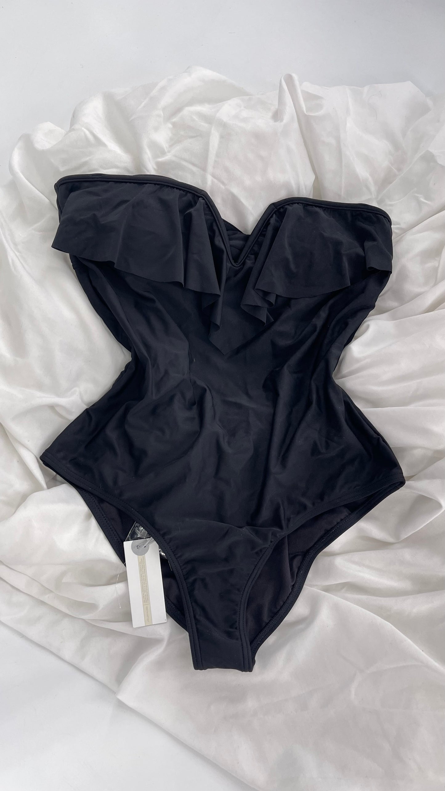 O’Neill Black Swimsuit with Built in Bra with Ruffled Bust, Open Back, Straps and Tags Attached (Large)