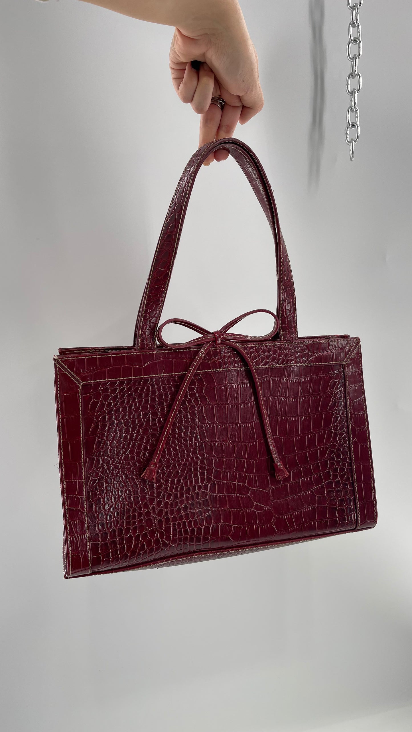 Vintage Liz Claiborne 1990s Cherry Red Crocodile Embossed Structured Bow Bag
