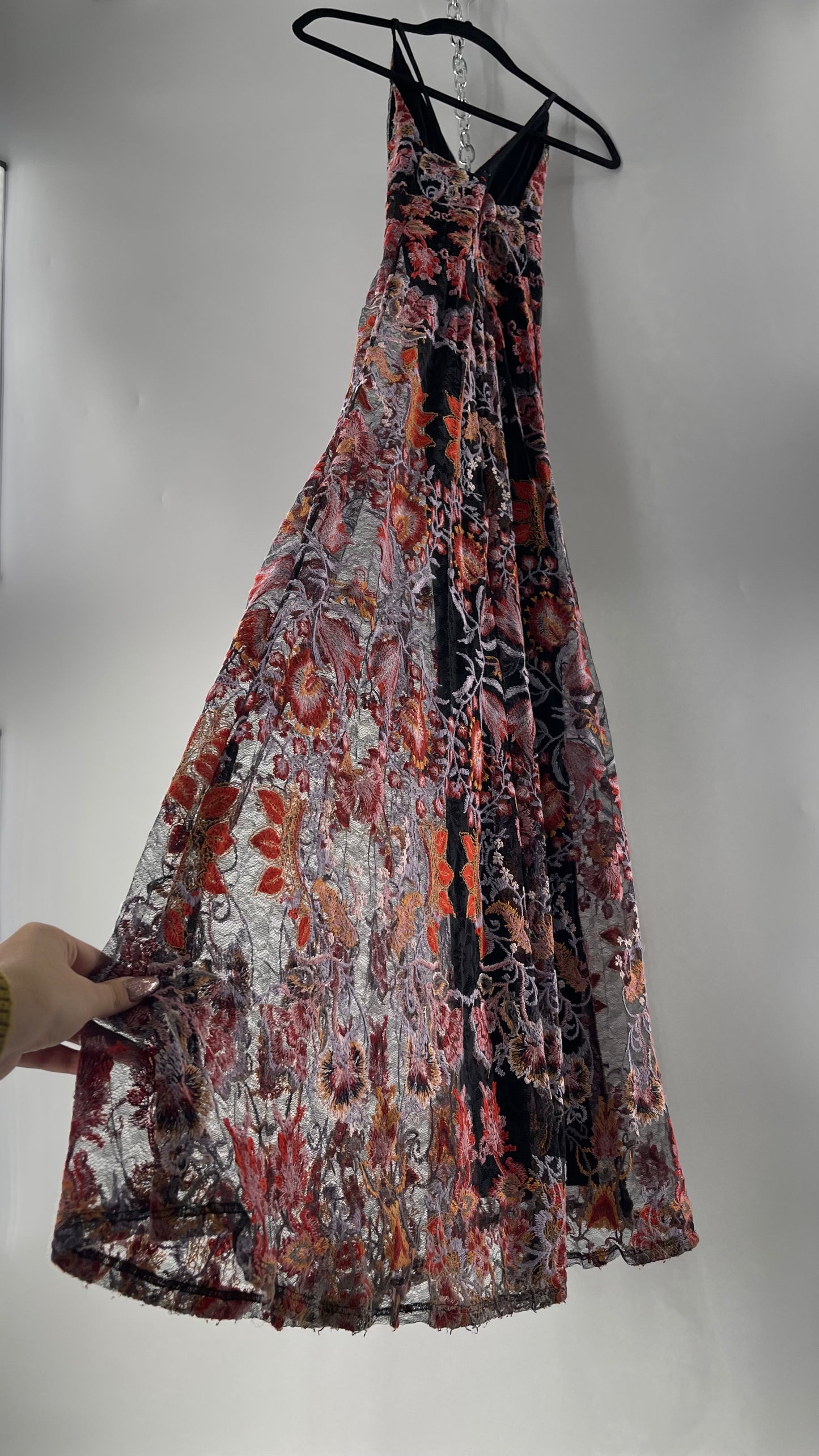 Free People Black Fall Toned Floral Embroidered Tule Sleeveless Maxi Dress (2)