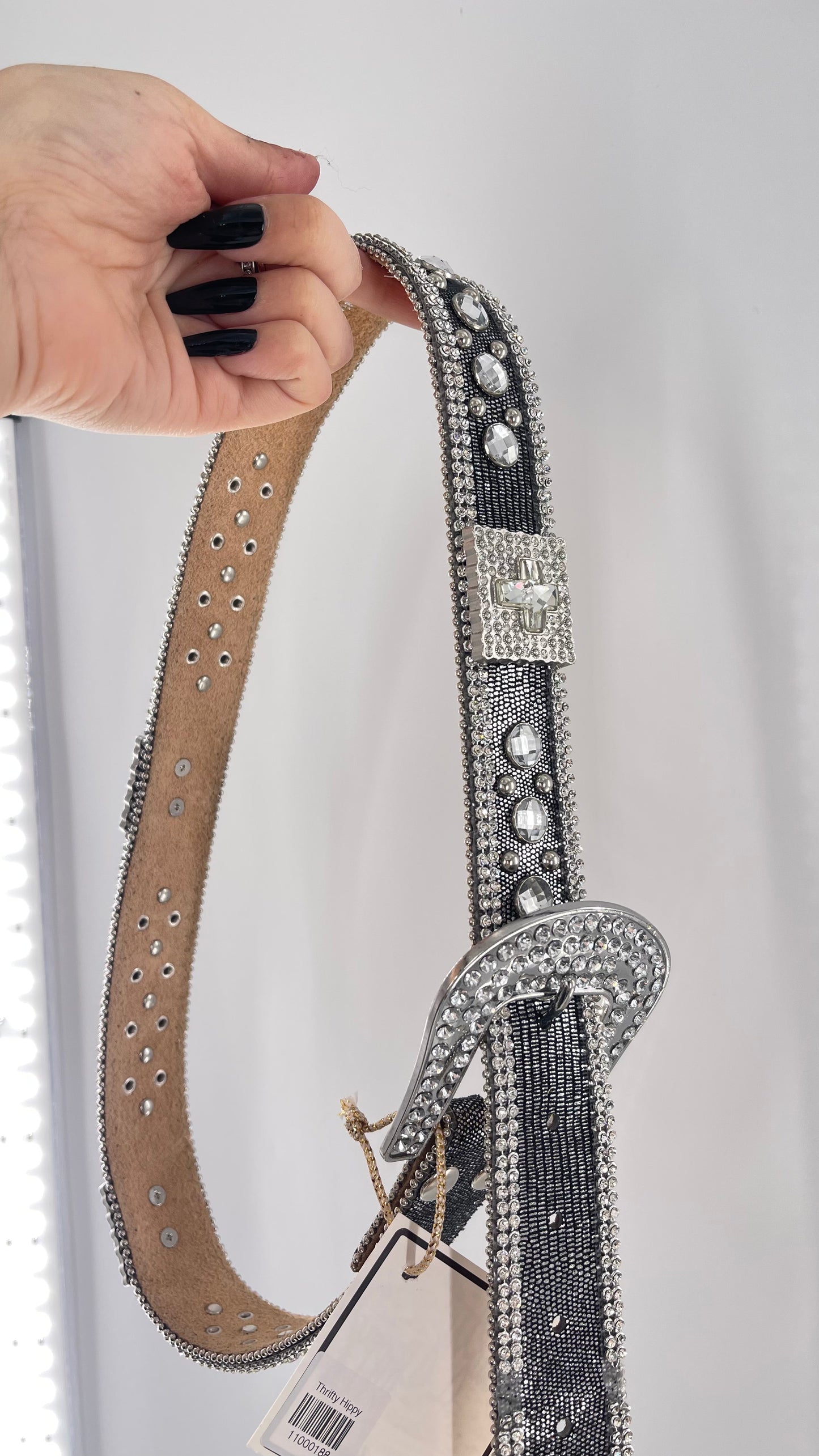 Free People Dark Silver Metallic Snake Print Belt covered in Crystal Embellishments and Heavy Metal Crosses (M)
