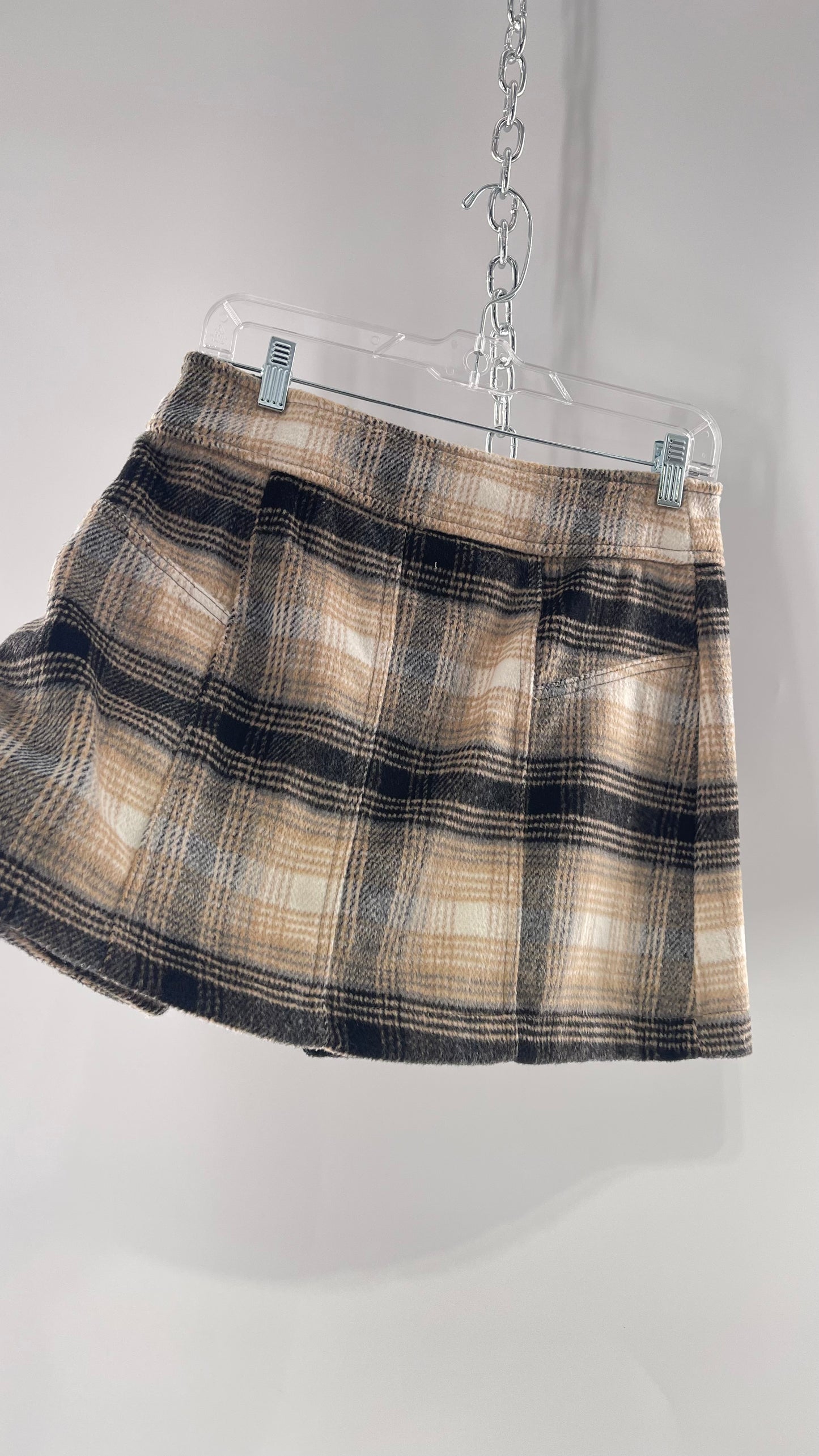 Free People Plaid Beige Gray Soft Mini Skirt with Side Slit and Built in Grommet Belt