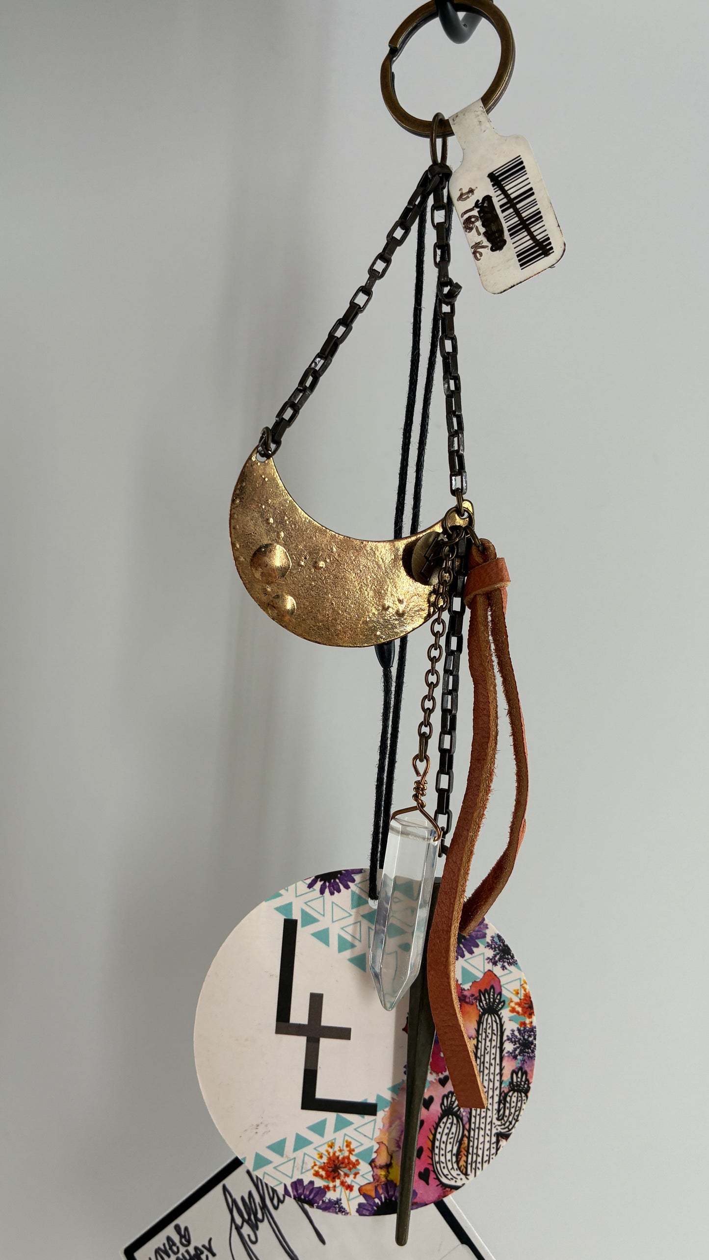 Free People Love and Leather Brass Half Moon, Crystal Dagger Keychain