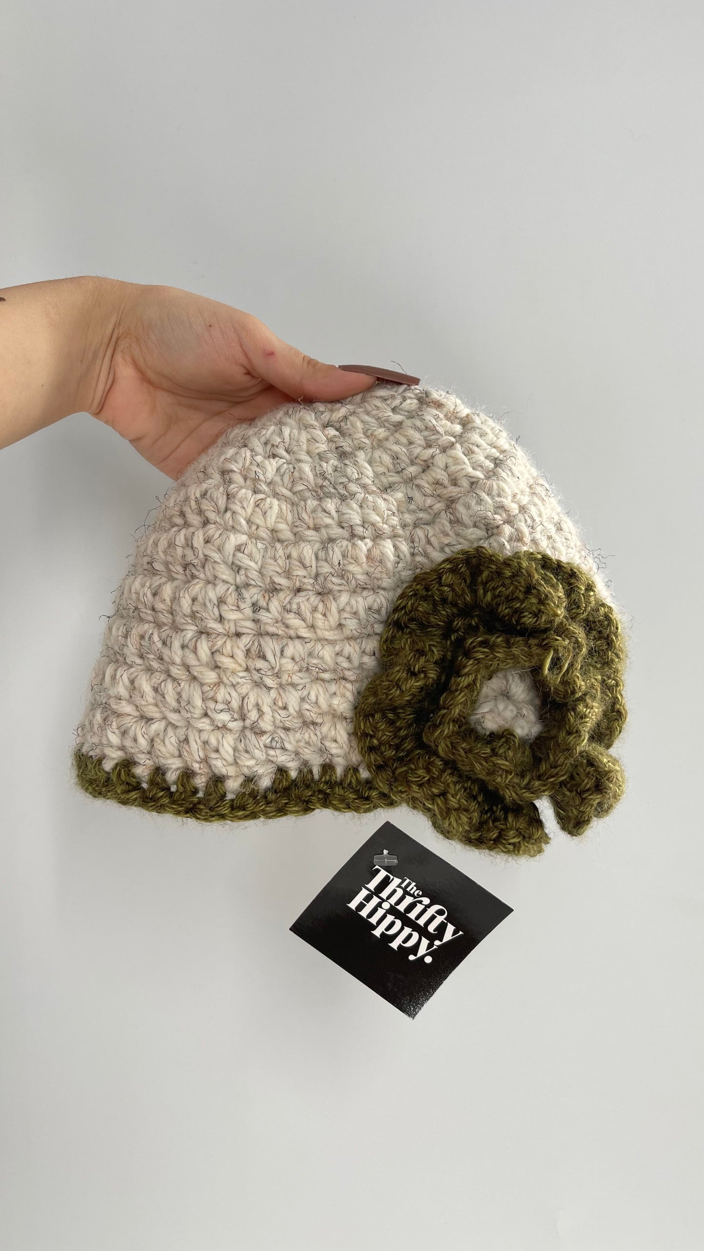 Vintage Beige Green Hand Knit Beanie with Rose