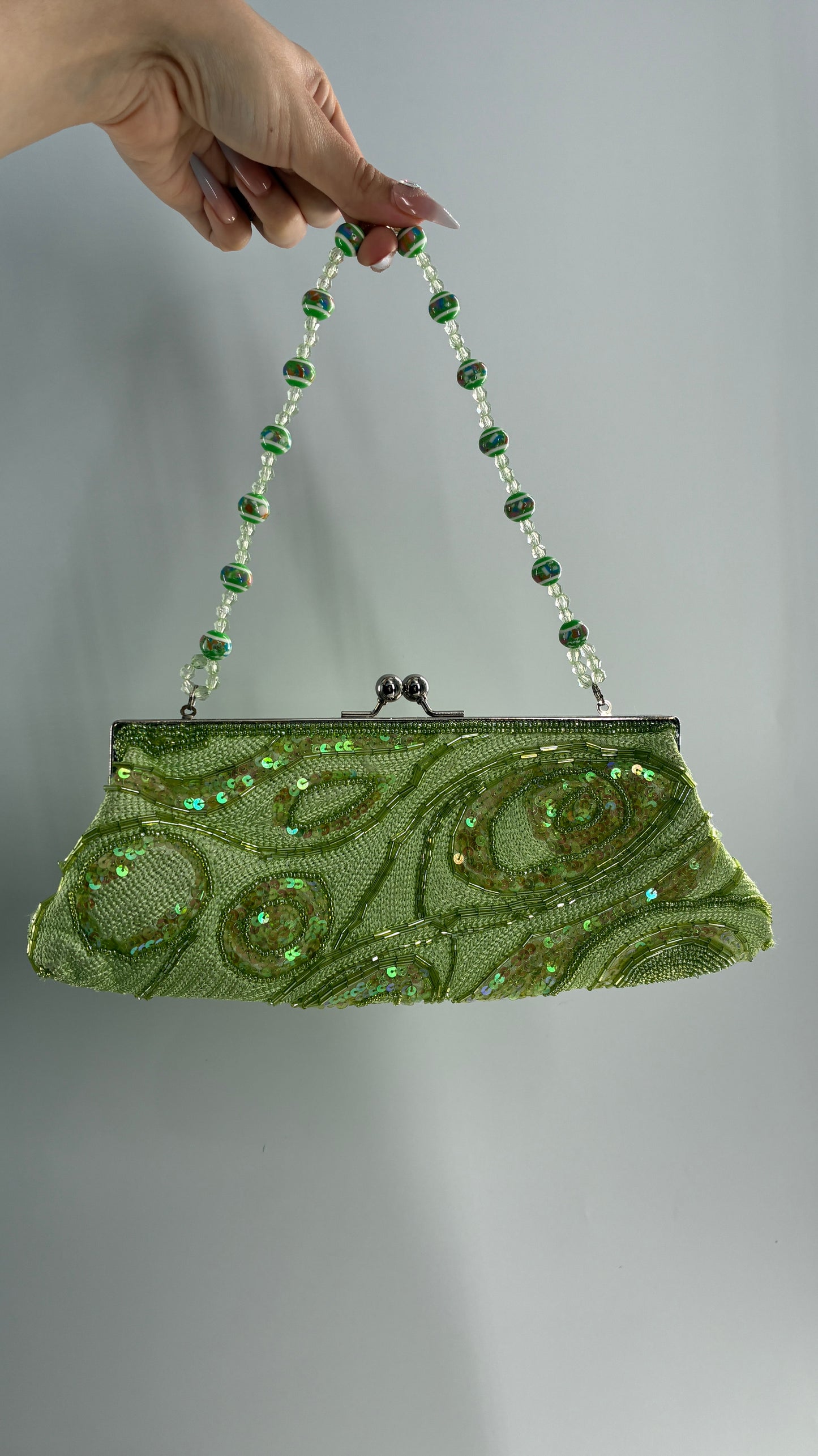 Vintage 1990s Light Green Knit Shoulder Purse with Sequins and Beaded Details