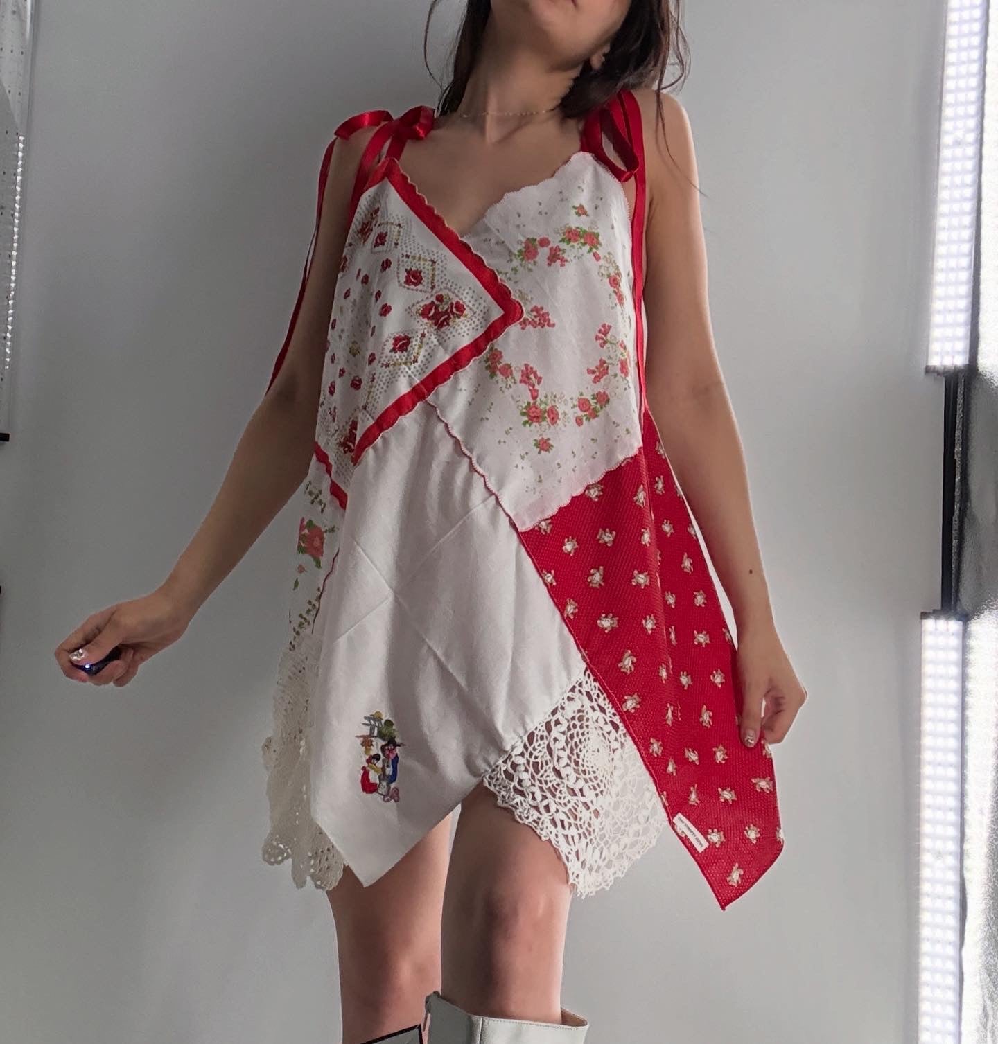 Vintage Red Handmade Handkerchief Backless Mini Dress (XS-L)