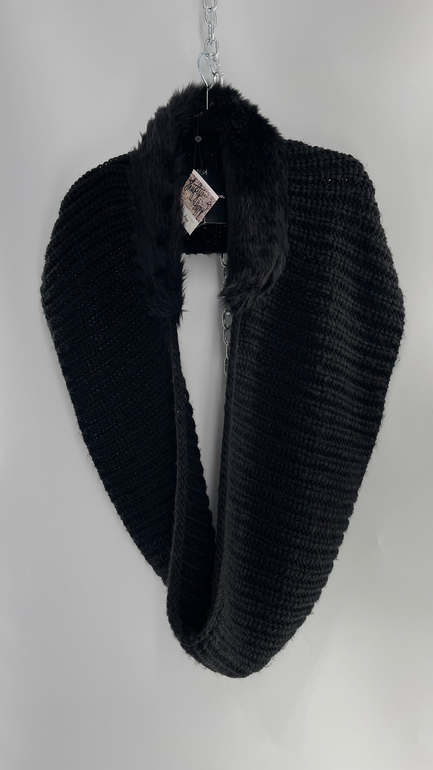 Comma Black Knit Infinity Scarf with Fur Trim Collar and Tags Attached