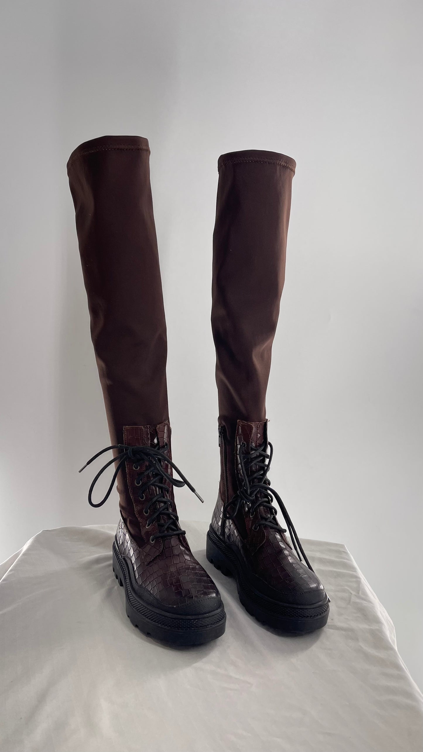 Free People Dark Brown Riding Style Embossed Knee High Platform Boots (37)