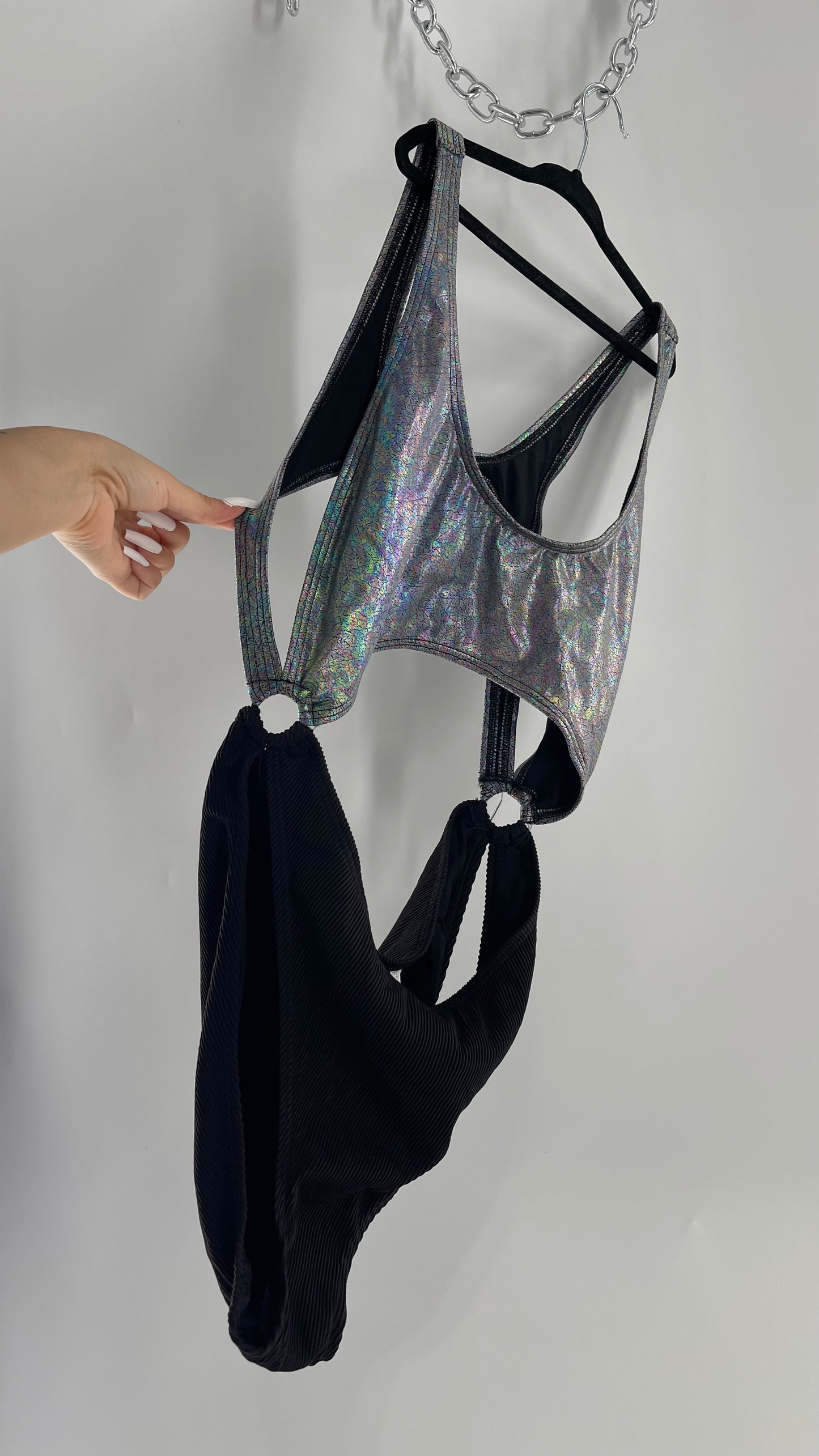 Urban Outfitters Out From Under Bathing Suit Metallic Gas Spill Top and Ribbed Black Bottom Connected by Rings (Large)
