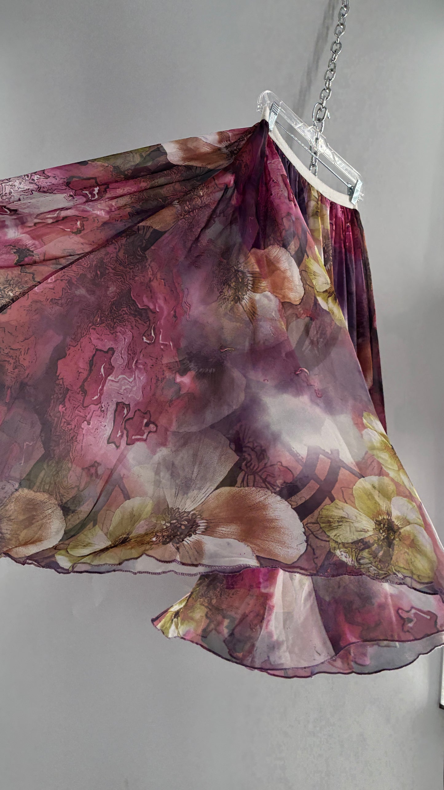 Vintage Full Length Silky Graphic Florals Skirt (Medium)