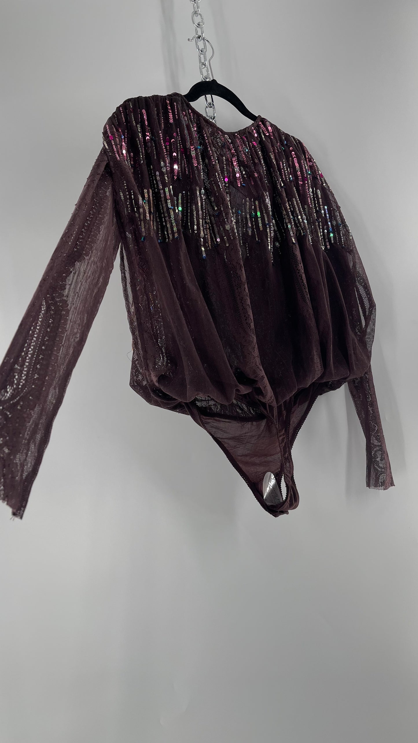 Intimately Free People Plum Mesh Bodysuit with Lace Sleeves and Beaded/Sequined/Embellished Body (Medium)