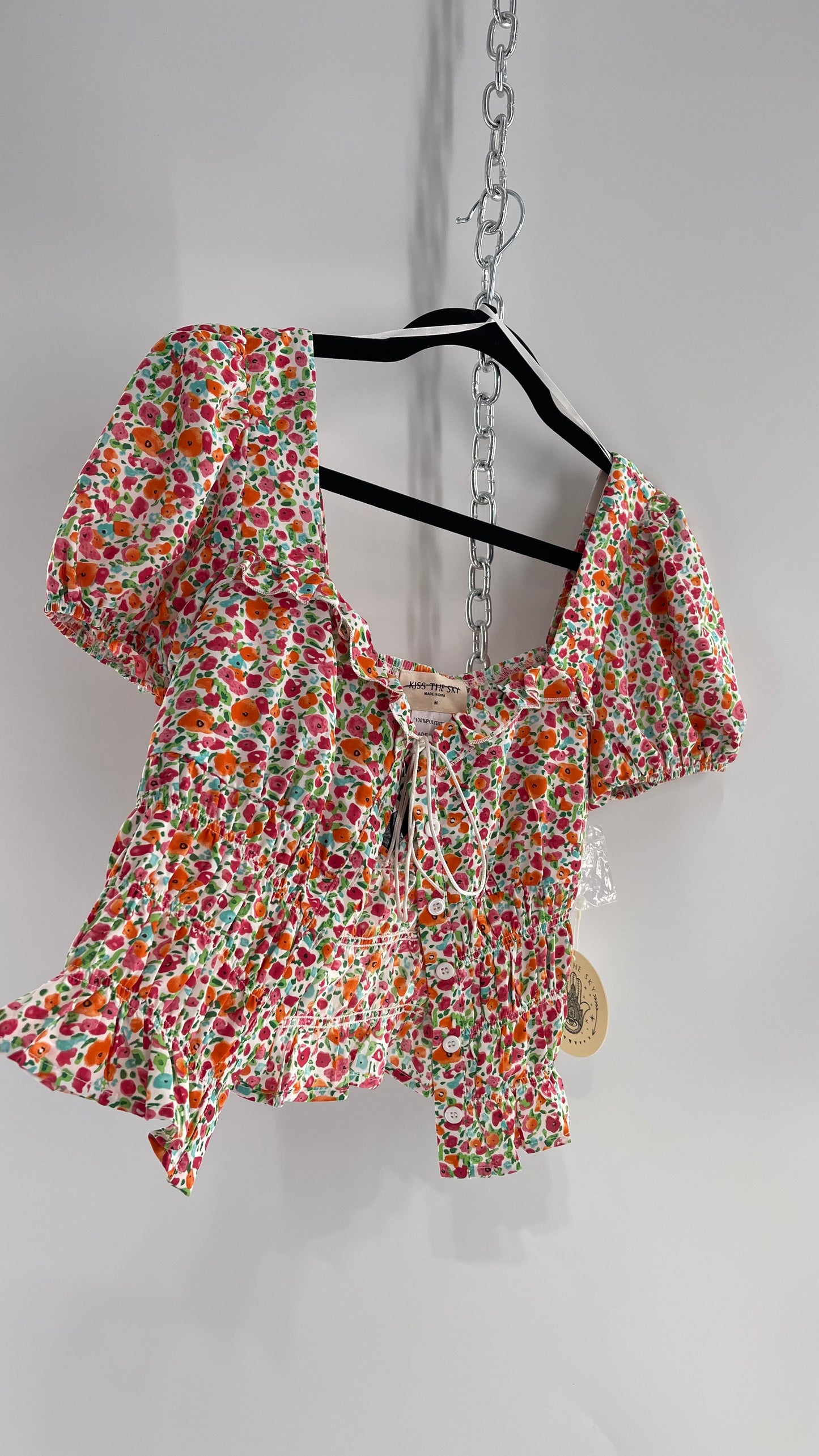 Free People Kiss The Sky Ribbon Bust Floral Prairie Top (Medium)