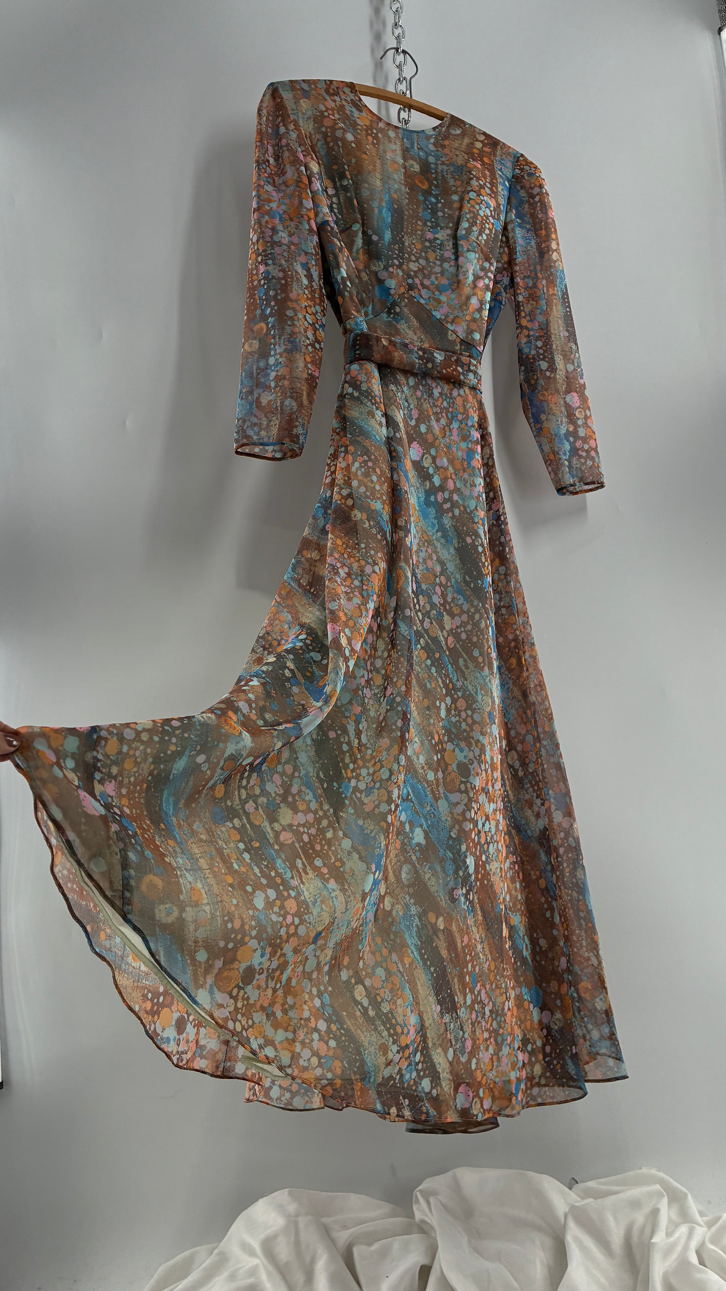 Vintage 1970s HELEN BASS Brown, Orange, Blue Voluminous Maxi Dress (S)