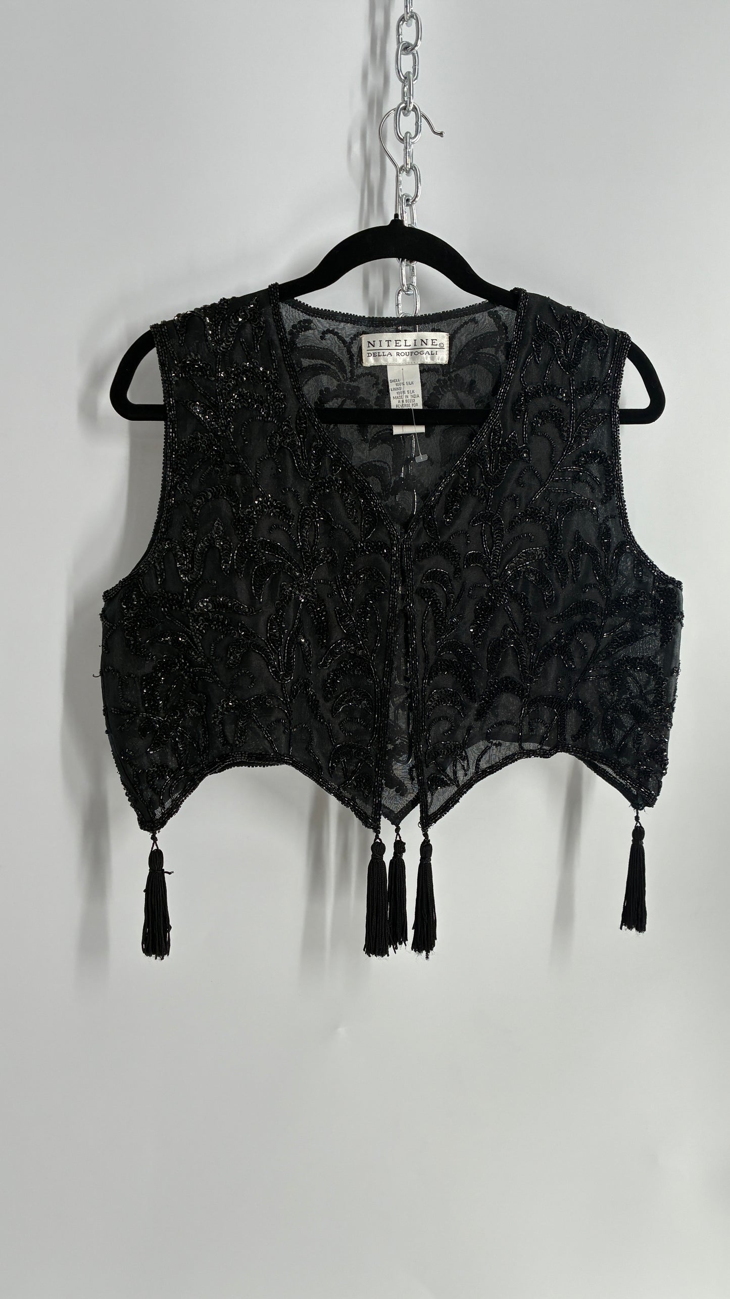 Vintage 1990s NITELINE 100% Silk Beaded Cropped Vest with Tassel Details (Medium)