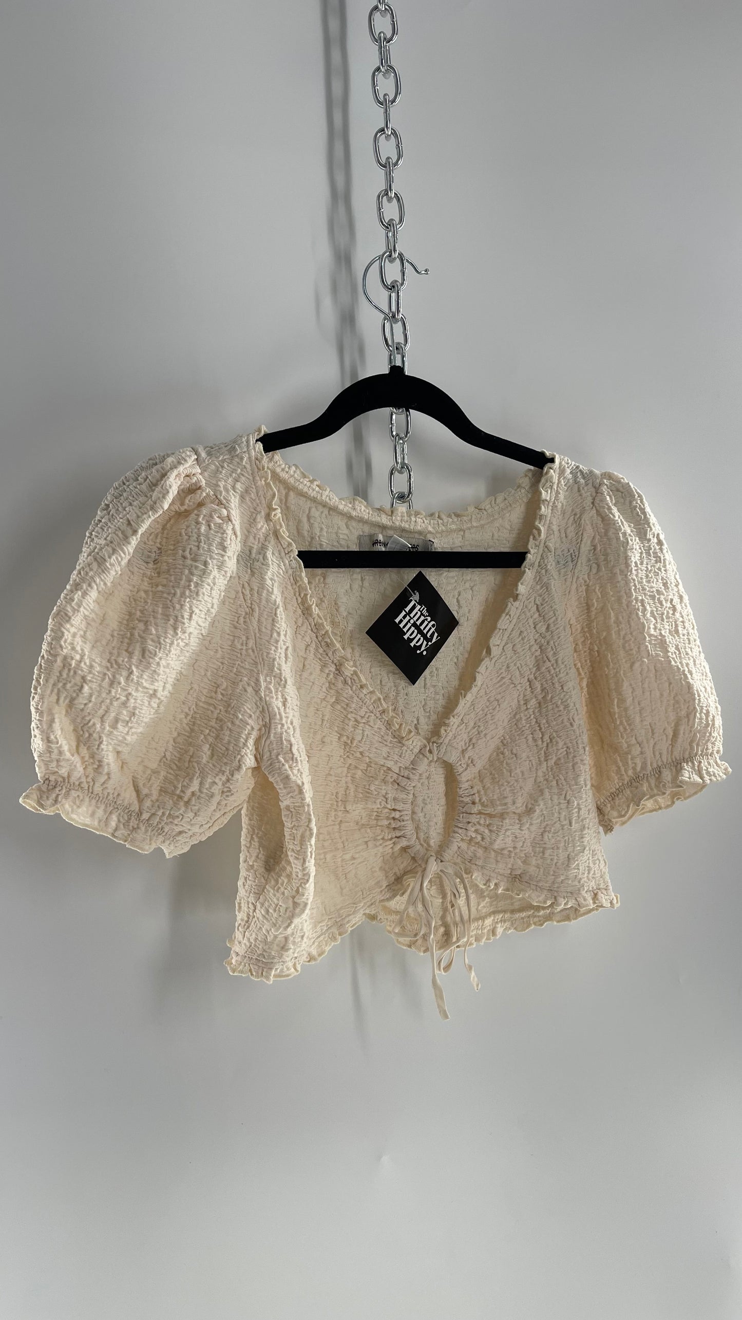 Urban Outfitters Crimped Cream Short Sleeve with Tie Waistline (Medium)