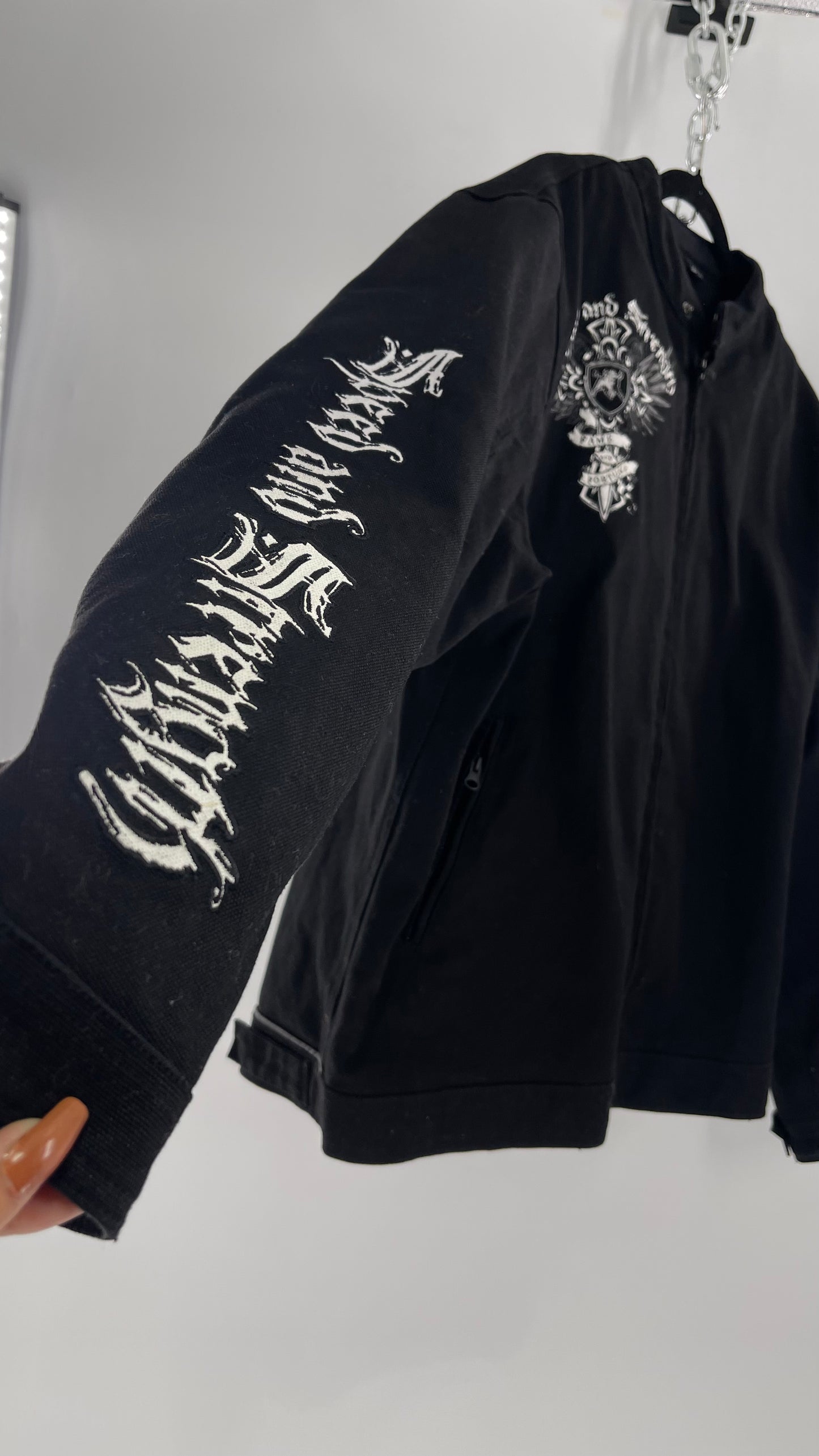 Vintage Speed + Strength Grunge Punk Riding Motorcycle Jacket with Cross Embroidery, Wings, Fame + Fortune, Speed + Strength Men’s Unisex (XXL)