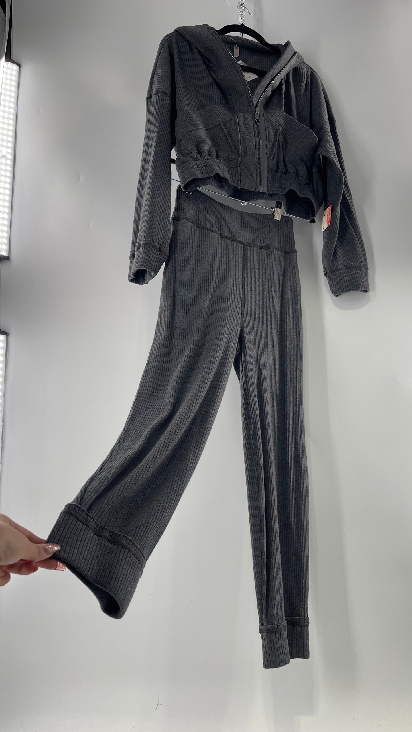 Free People Charcoal Slate Gray 2 Piece Set with Cropped Hoodie and Jogger Sweats with Tags Attached (XS)