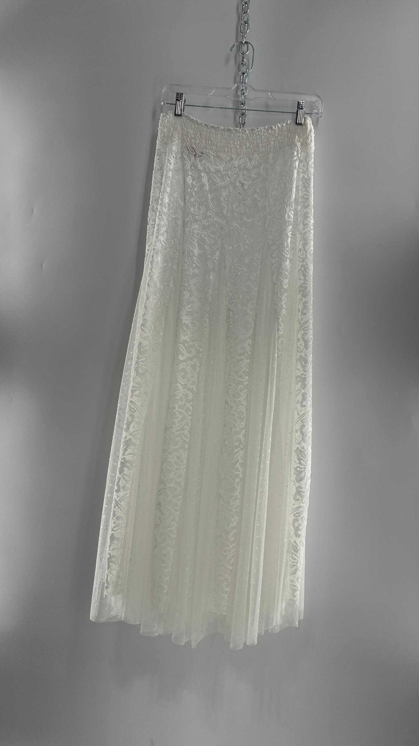 Intimately Free People White Lace and Polka Dot Mesh Voluminous Full Length Skirt (Medium)