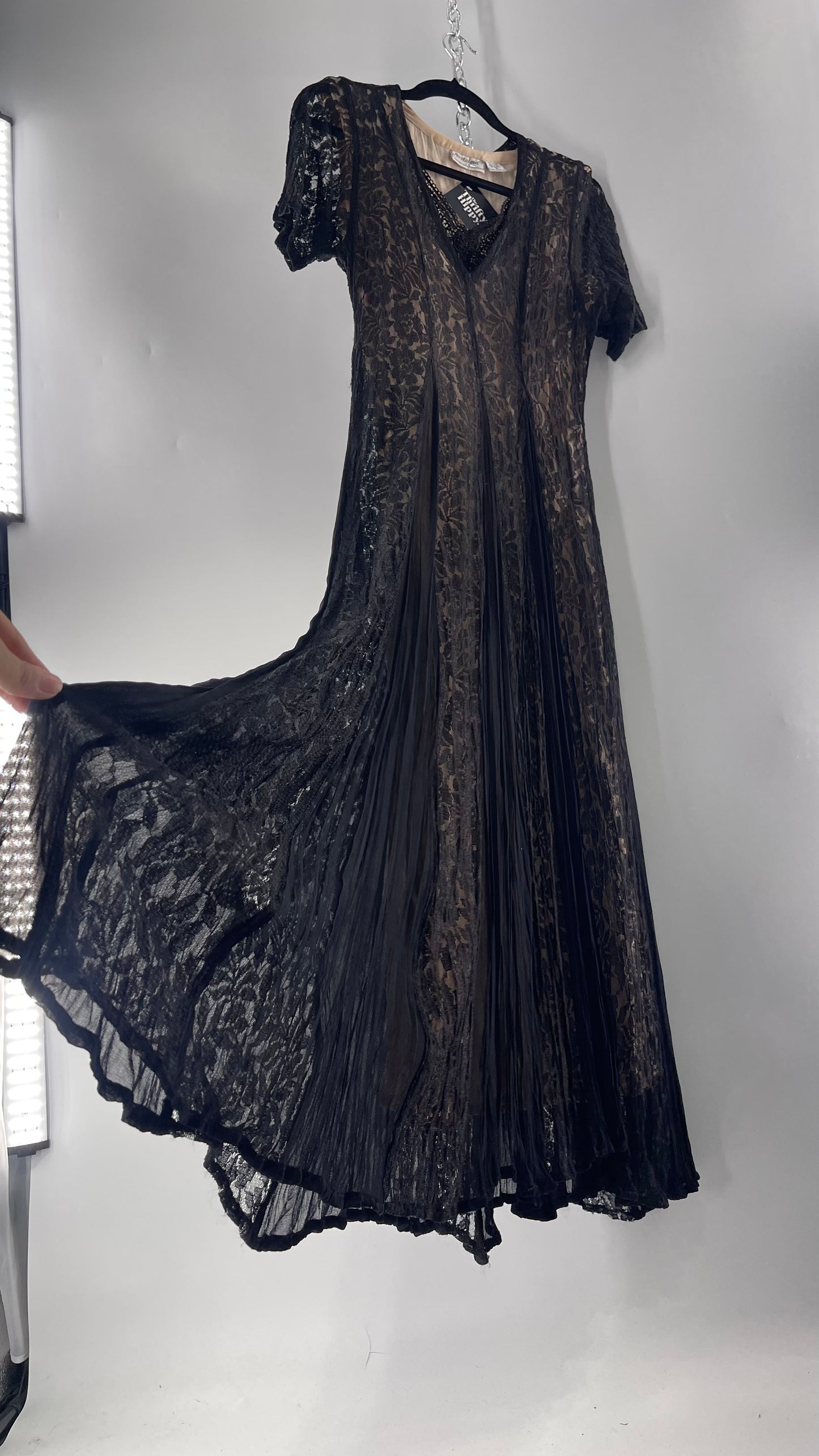 Nostalgia Vintage Black Lace Gown with Pleated Vents and Beige Underlay (Small)