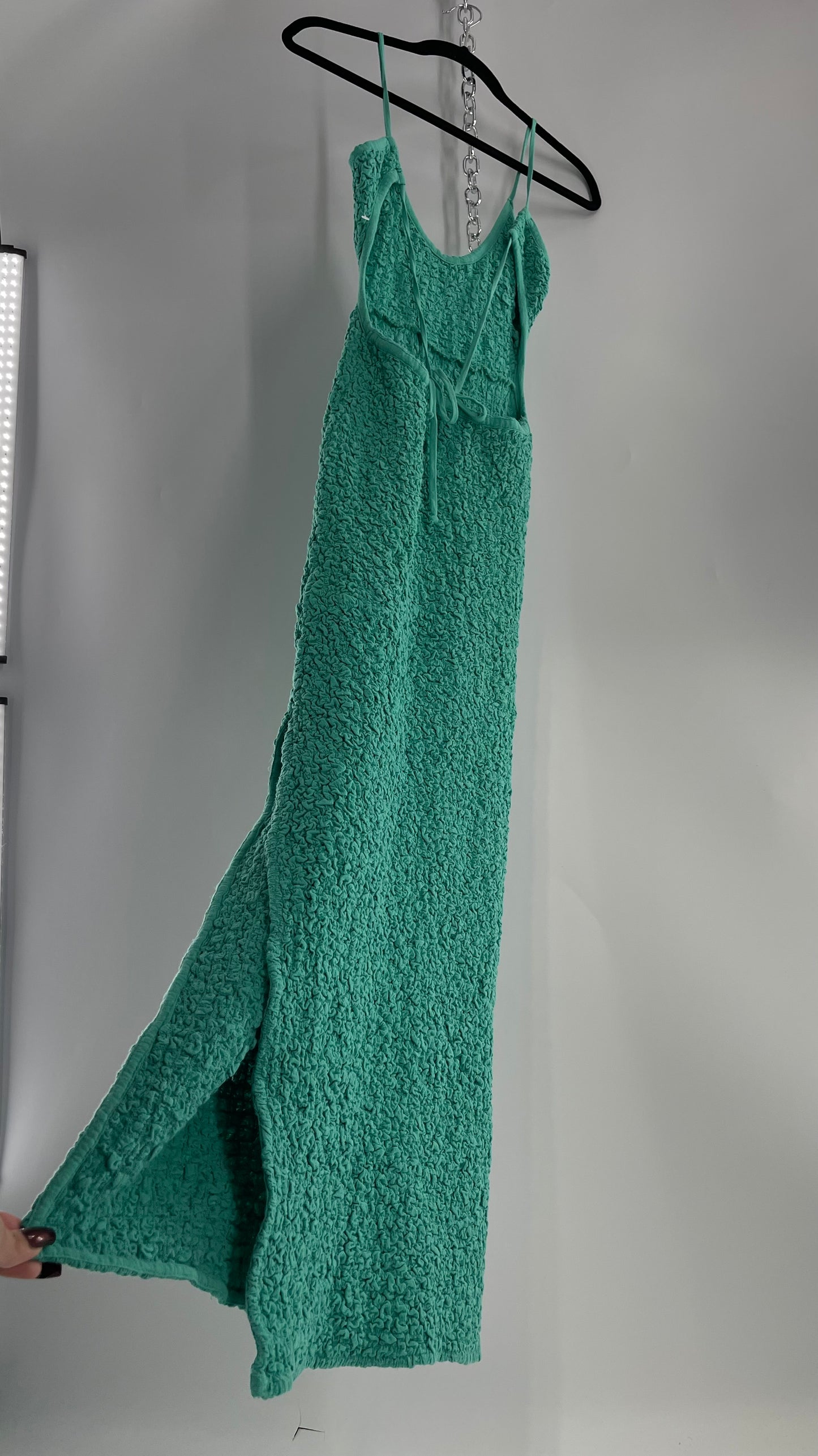 Free People Kelly Green Popcorn Maxi Dress with Low, Open Back Detail (XS)