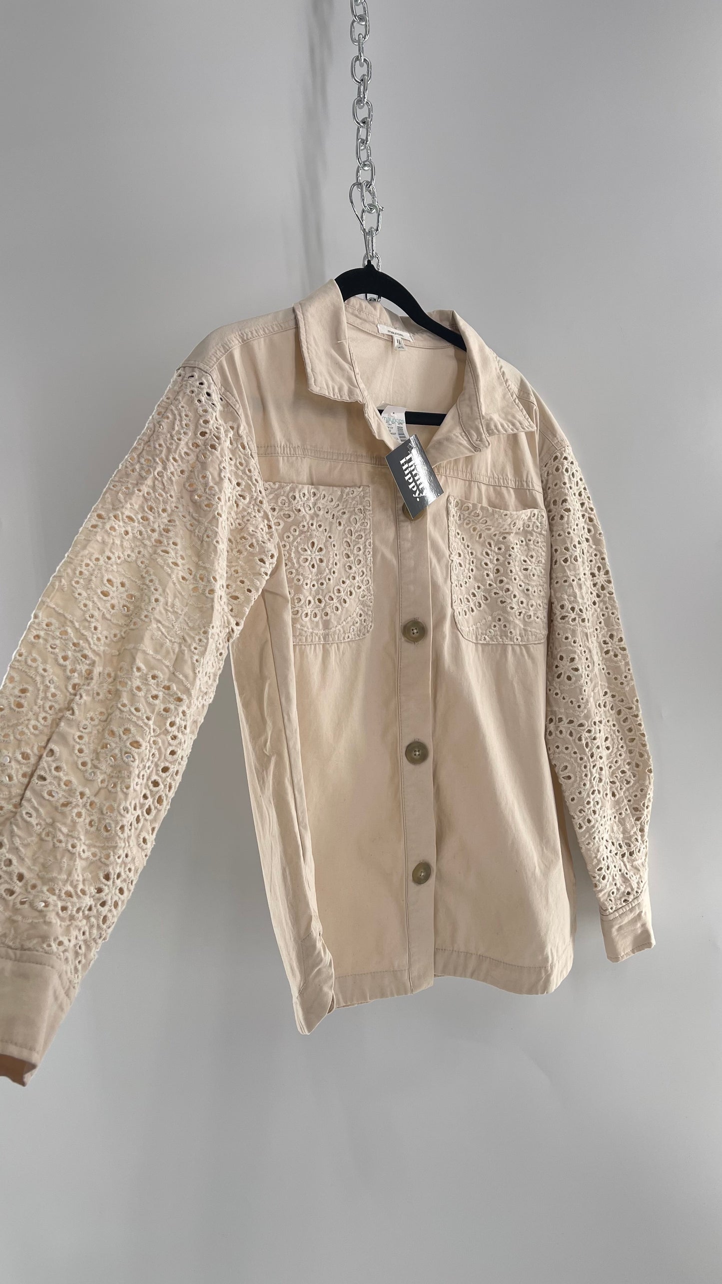 Maurices Anthropologie Beige Cotton Button Up with Eyelet Lace Sleeves and Pockets with Tags Attached (XS)