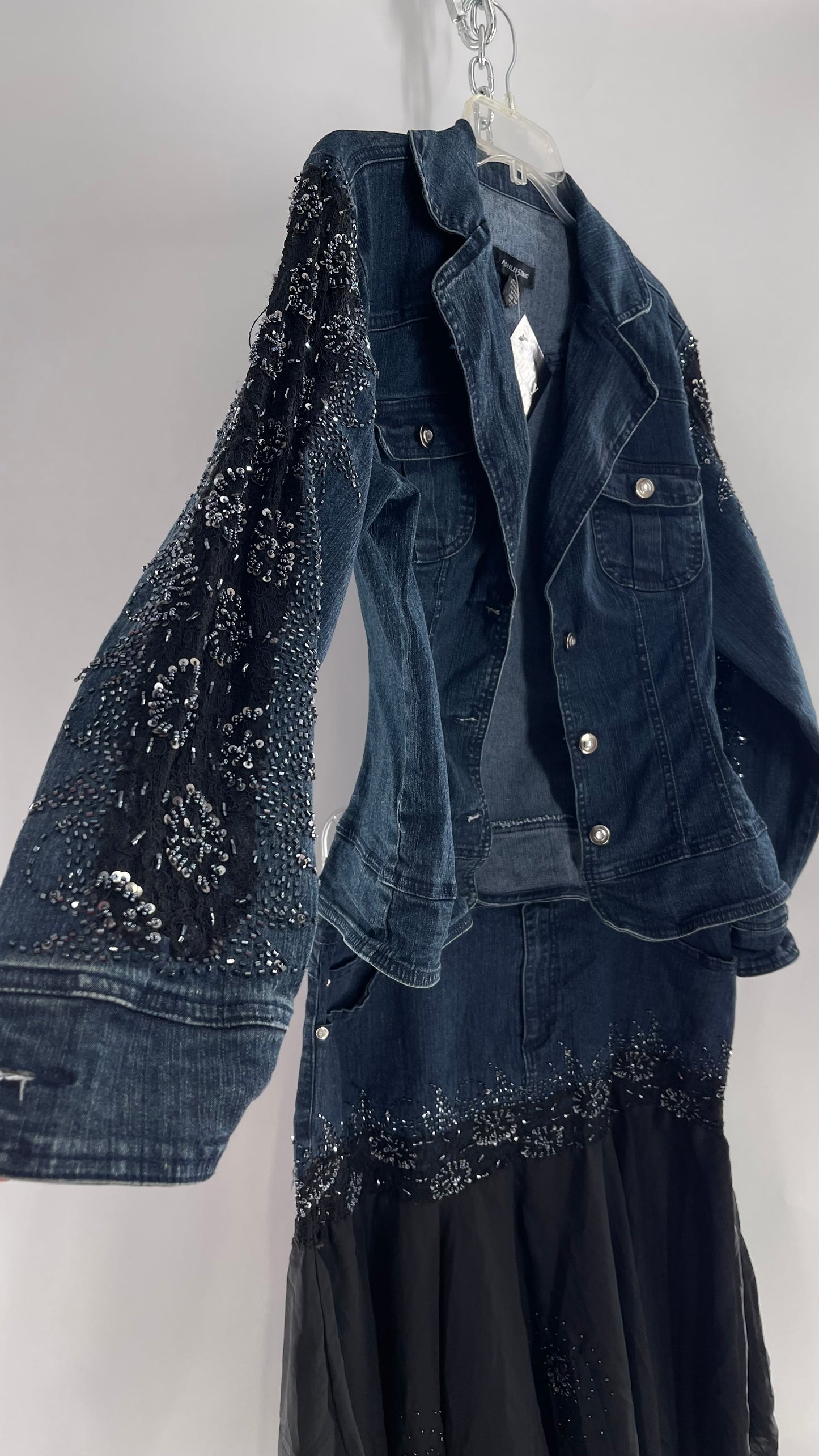 Vintage Ashley Stewart Denim Skirt and Button Up Set with Black Embroidered and Beaded Lace Details + Handkerchief Skirt (16W)