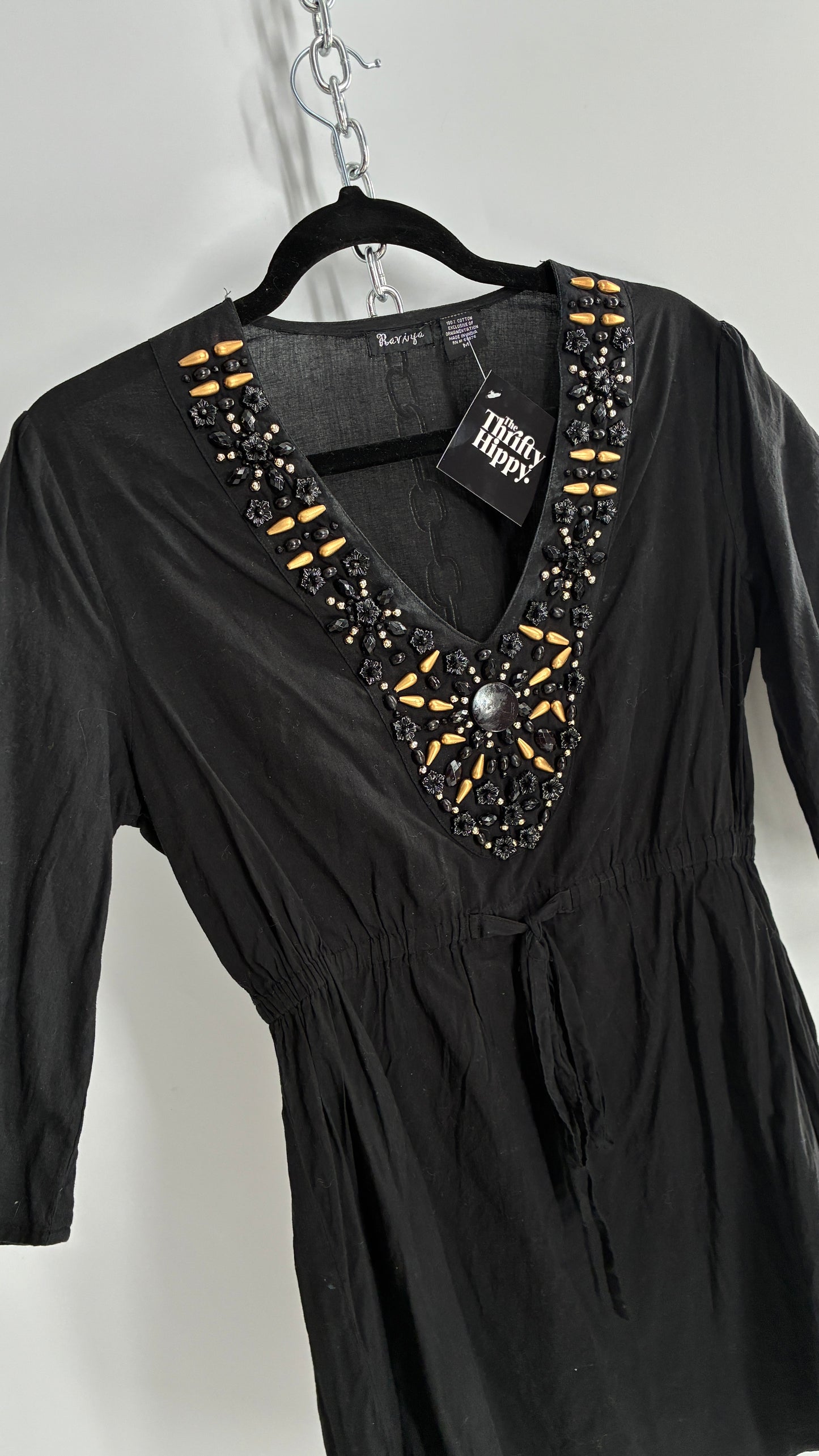 Vintage RAVIYA Black Mini Dress Blouse with Beaded Neckline (Medium)