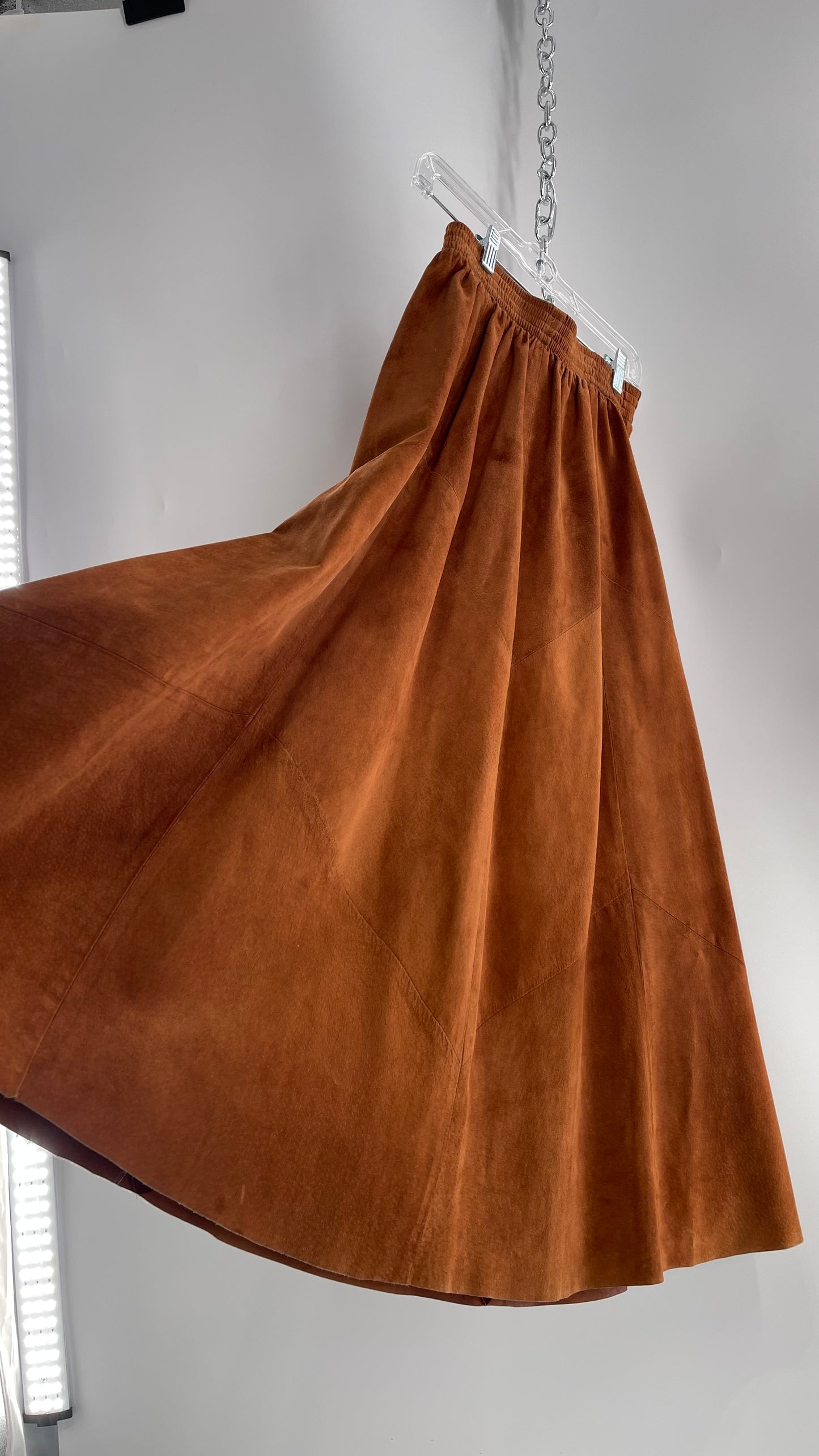 Vintage Brown Leather Suede Paneled Voluminous Skirt Assembled in Mexico (S)