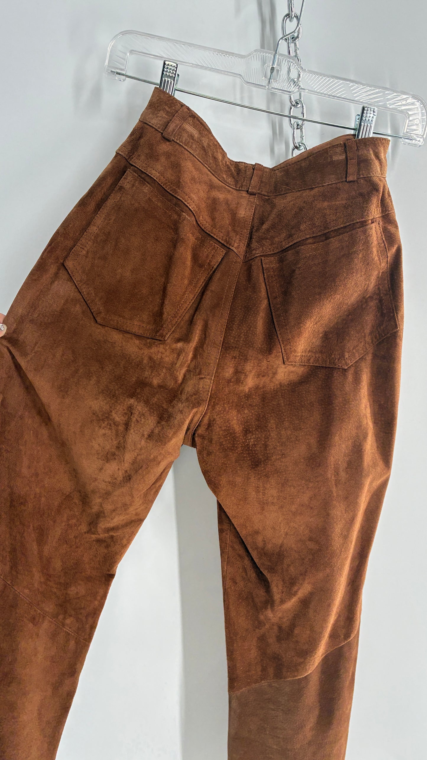 Vintage 1980 ANNTAYLOR High Waisted Brown Suede Leather Straight Leg Bottoms (2)