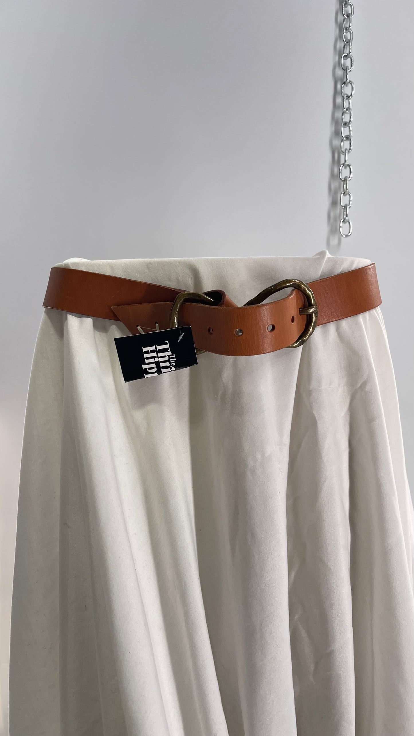 Anthropologie Cognac Leather Belt with Infinity Style Bronze Buckle (M/L)