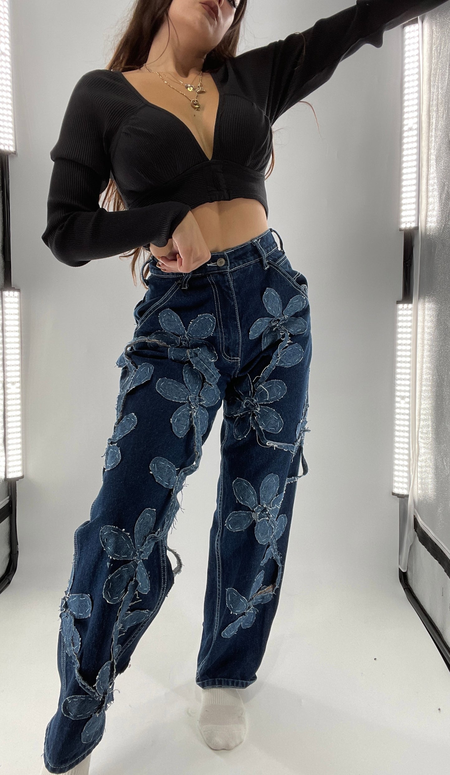 Handmade CUSTOM Dual Denim Tone Floral Vine Cargo Denims (S)
