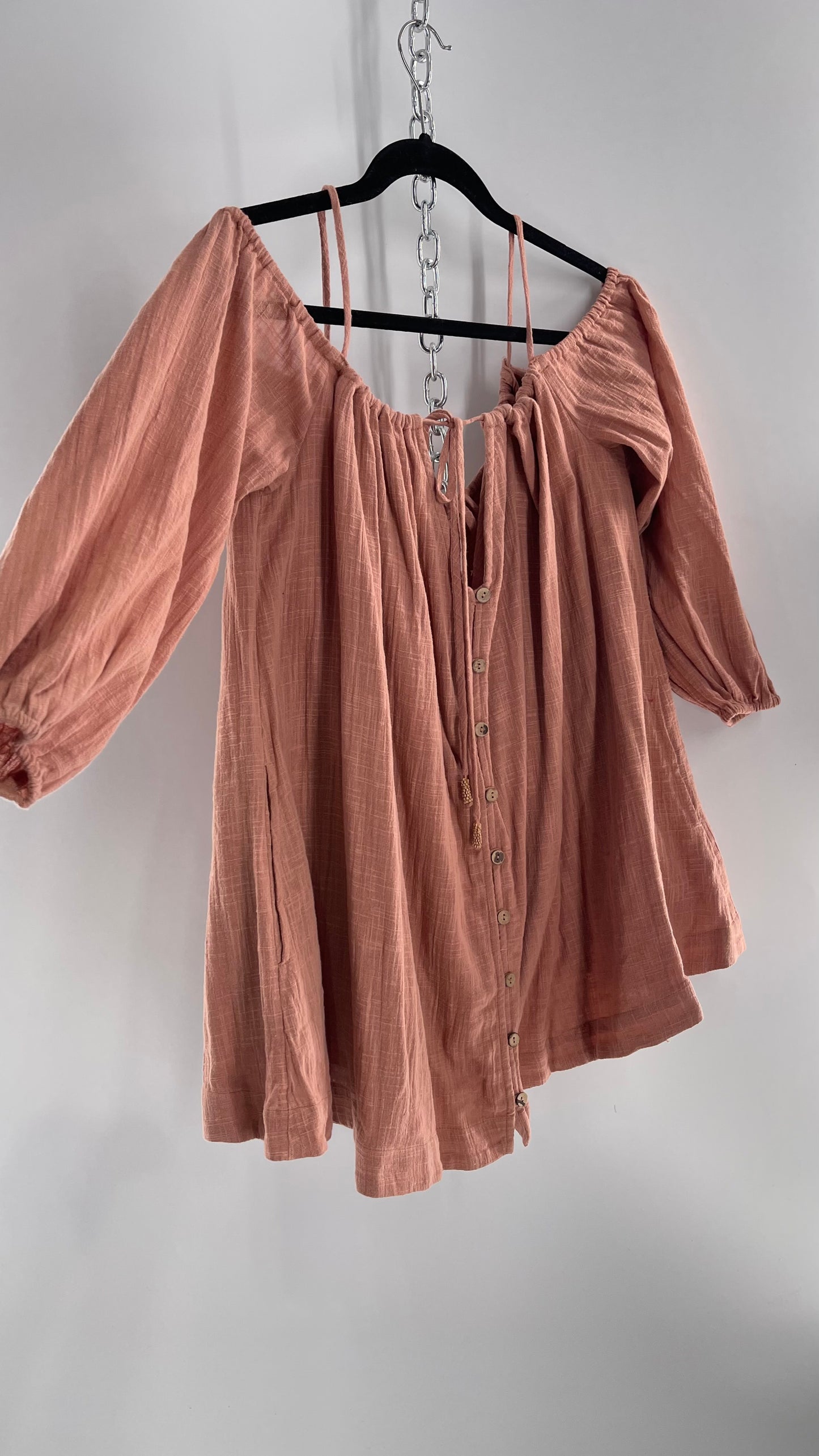 Free People Peachy Pink Coral Off the Shoulder 100% Cotton Voluminous Button Front Blouse (Small)
