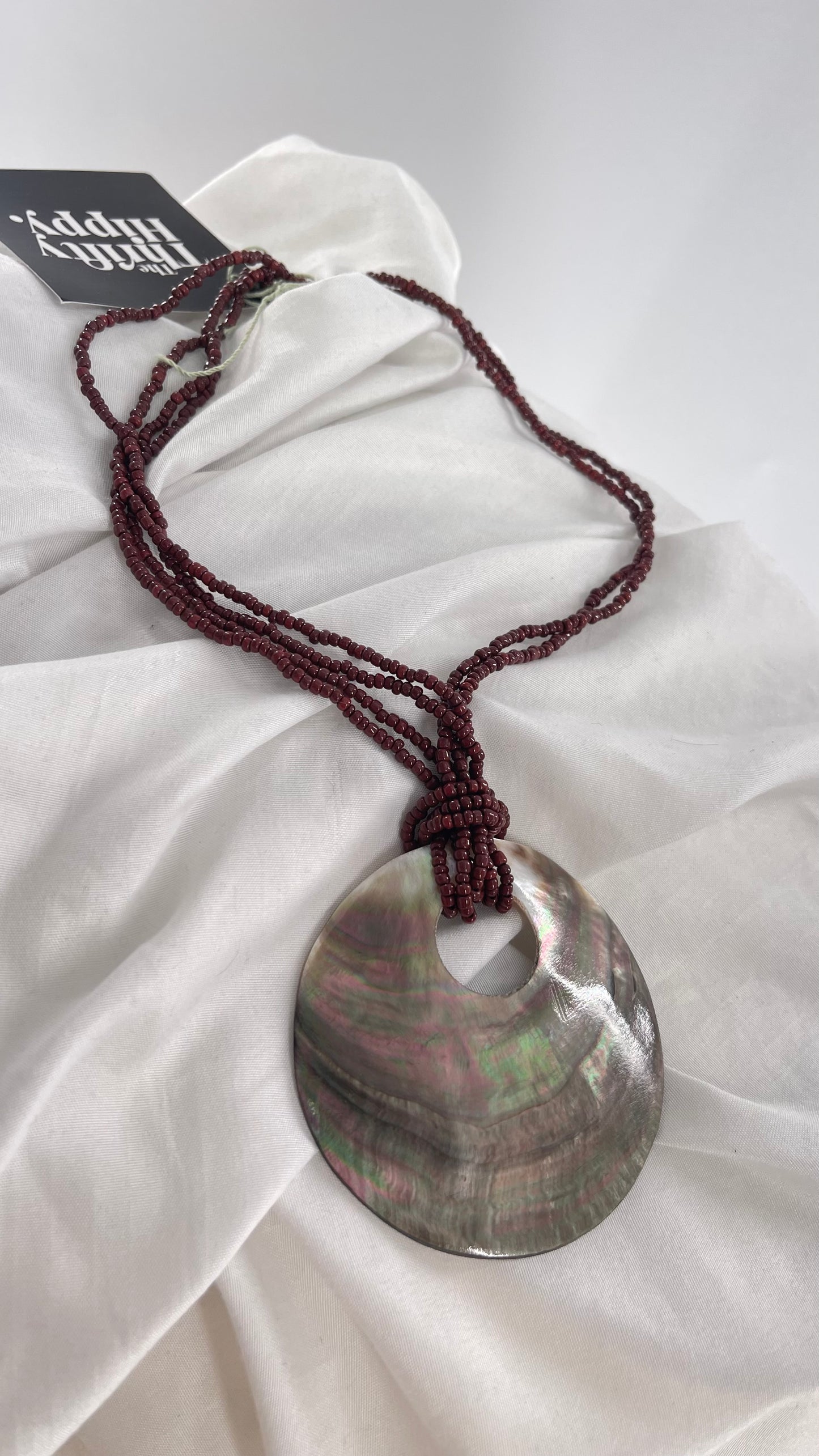 Vintage 1990s Burgundy Beaded Choker with Statement Iridescent Shell Pendant
