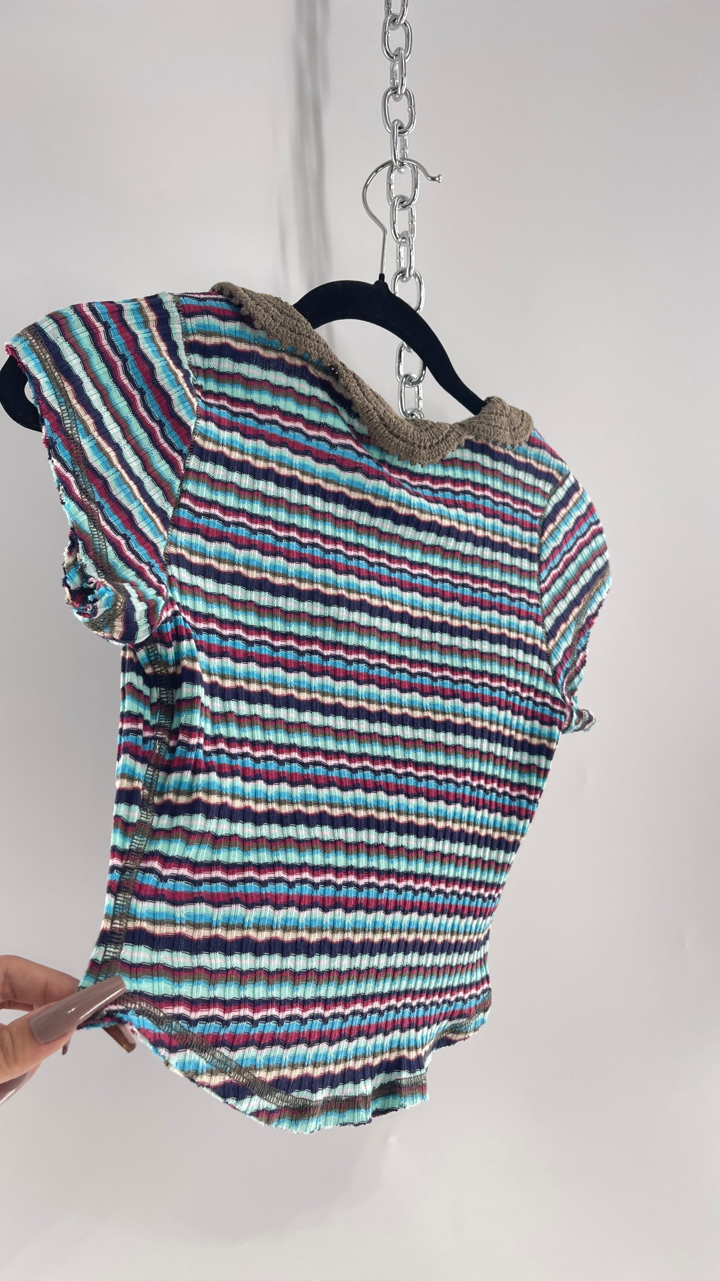 Free People Striped Short Sleeve with Crochet Knit Collar (XS)